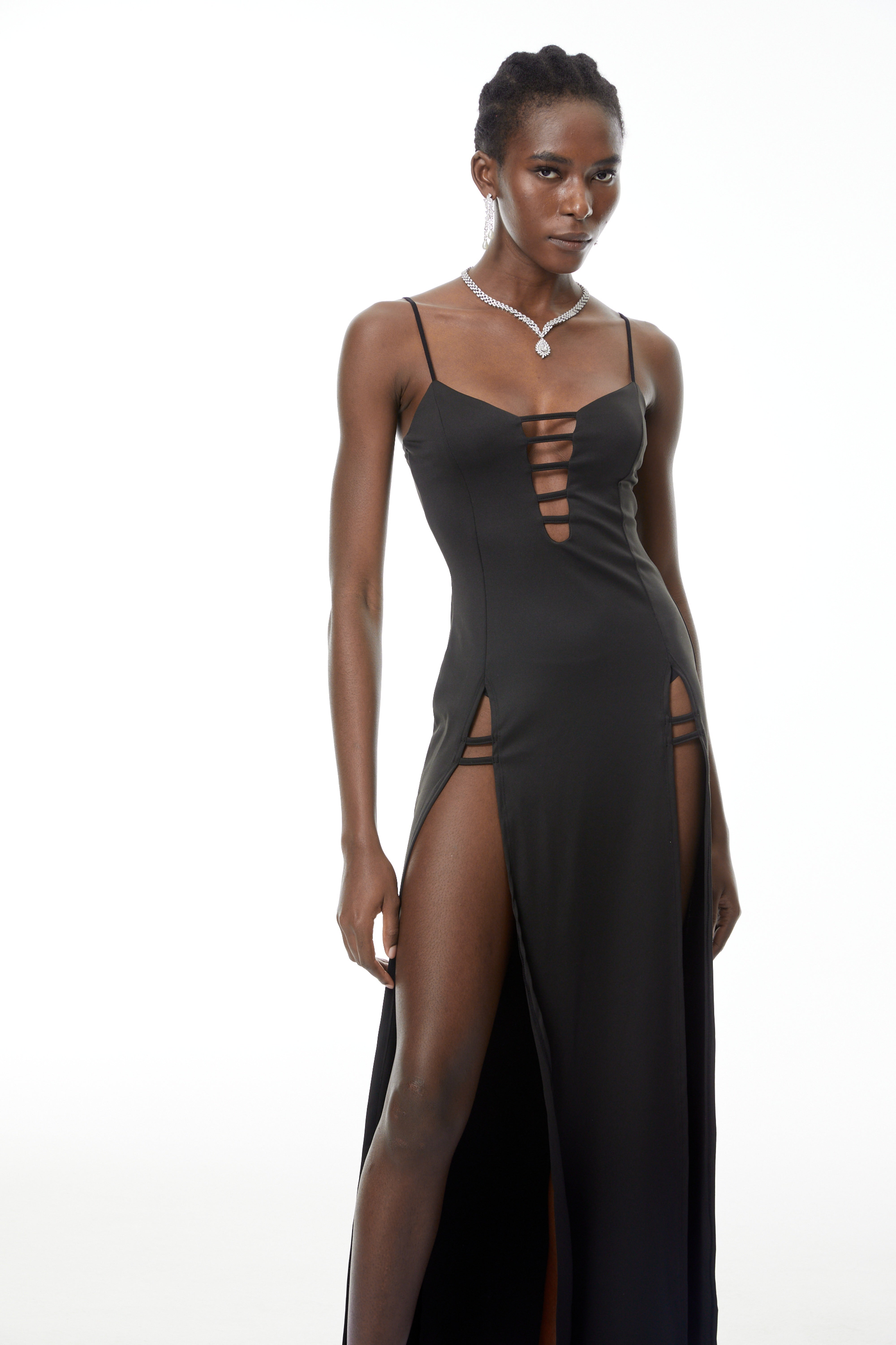 Oona Black Cut-Out Maxi Dress with High Slit