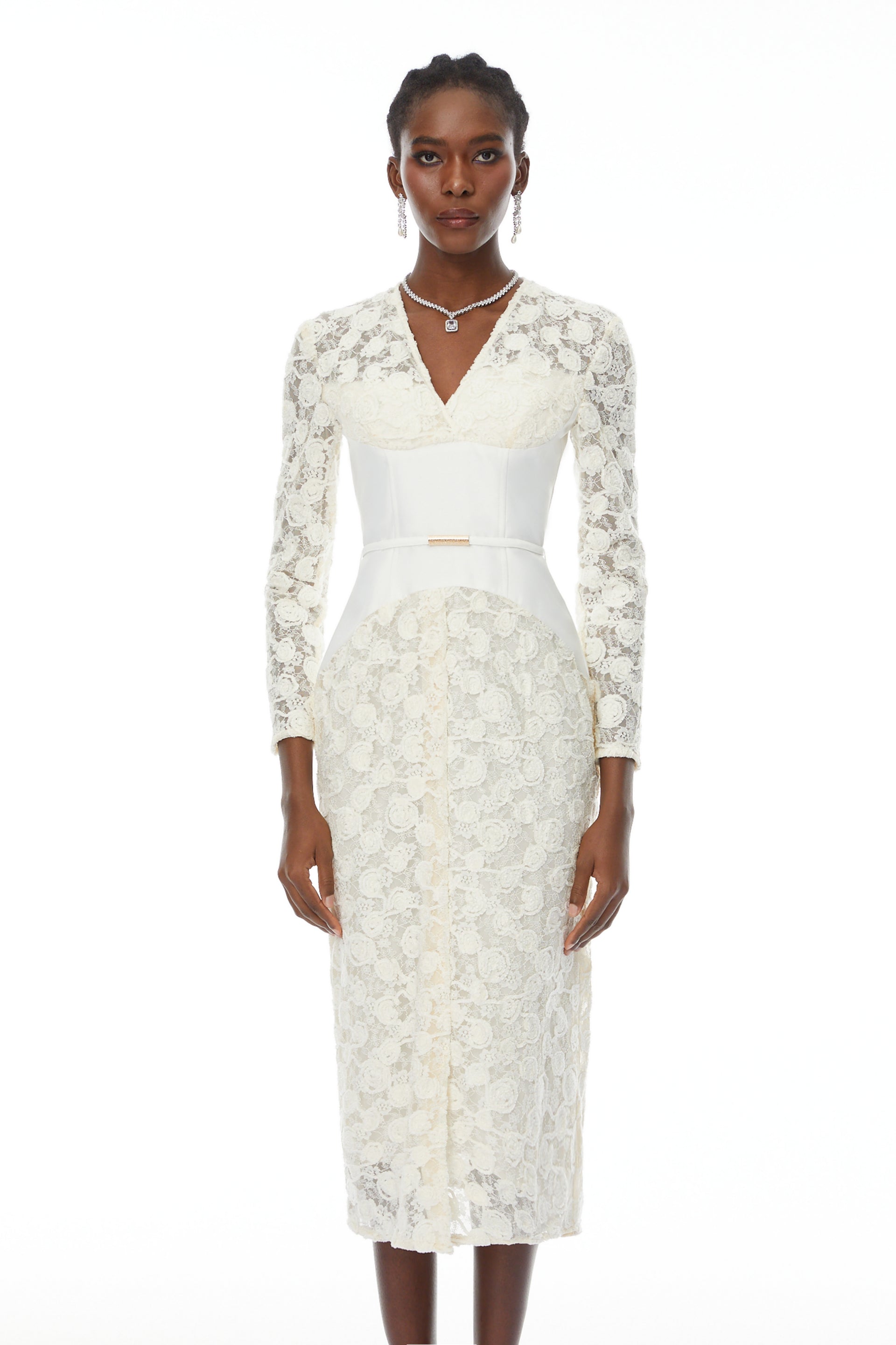 Oona White Floral Lace Pencil Midi Dress, L / White Oona White Floral Lace Pencil Midi Dress, L / White
