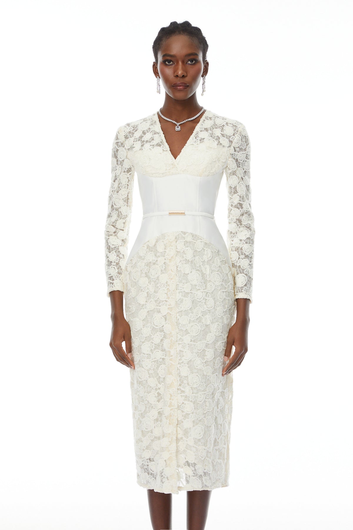 Oona White Floral Lace Pencil Midi Dress, L / White