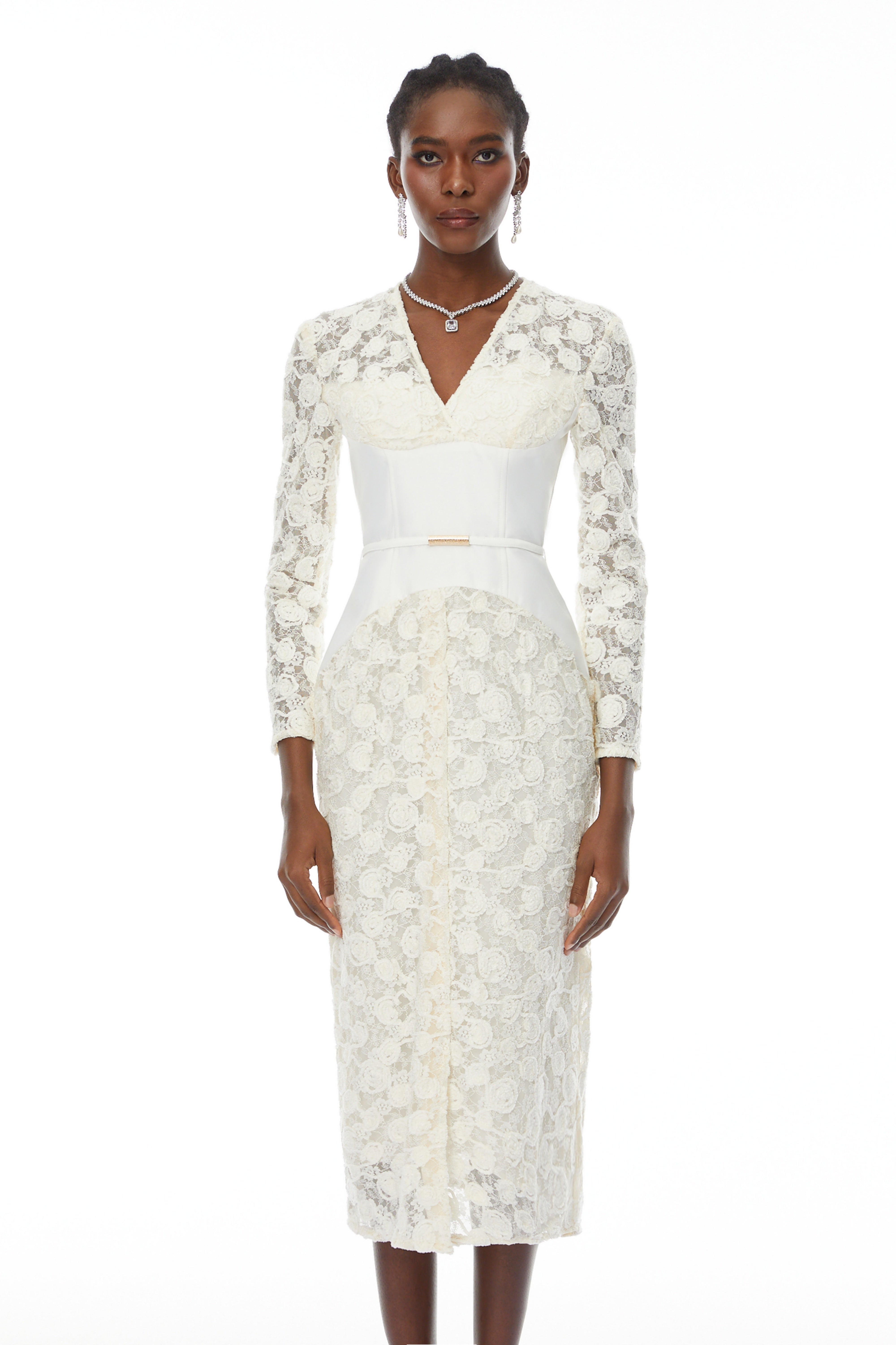 Oona White Floral Lace Pencil Midi Dress