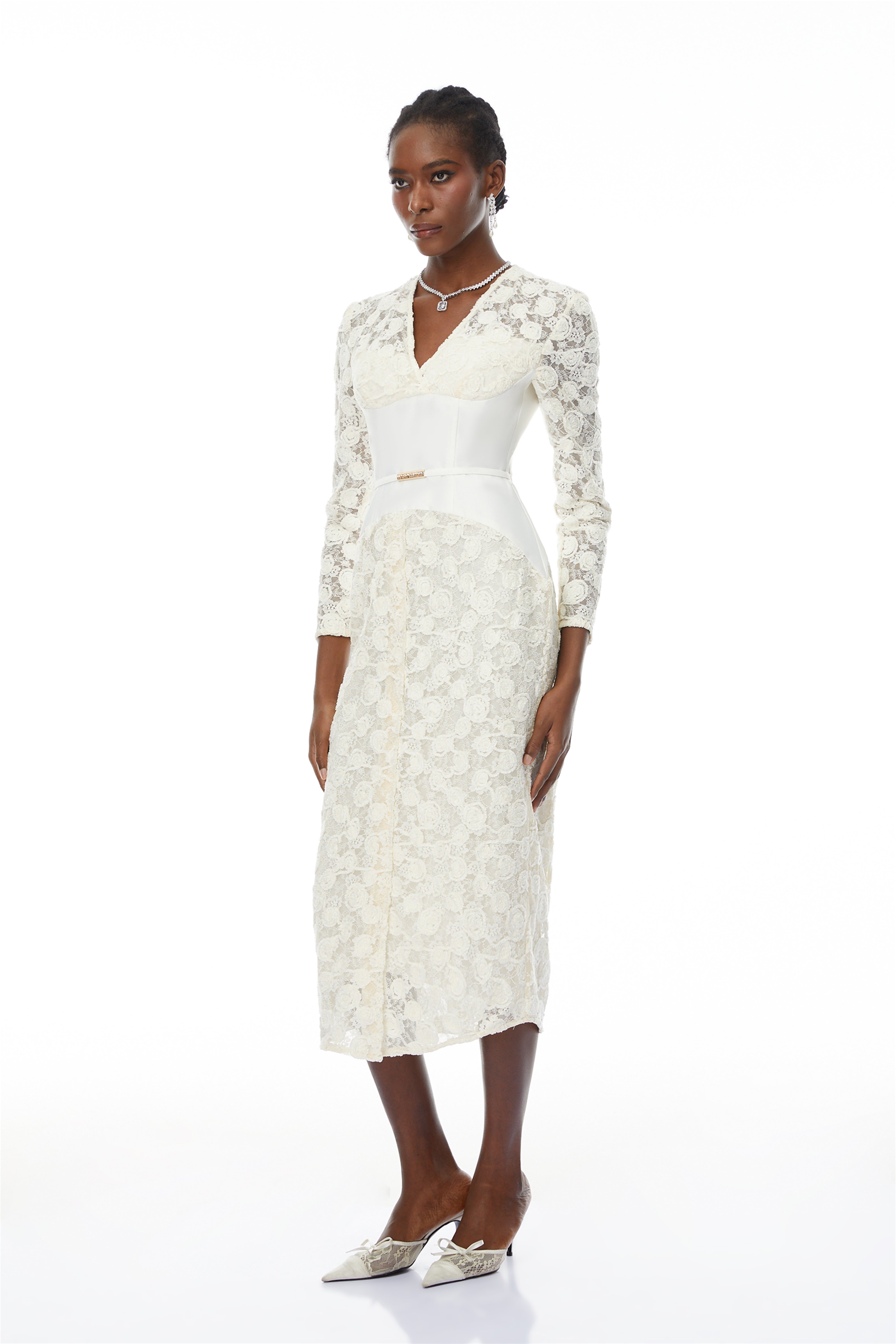 Oona White Floral Lace Pencil Midi Dress