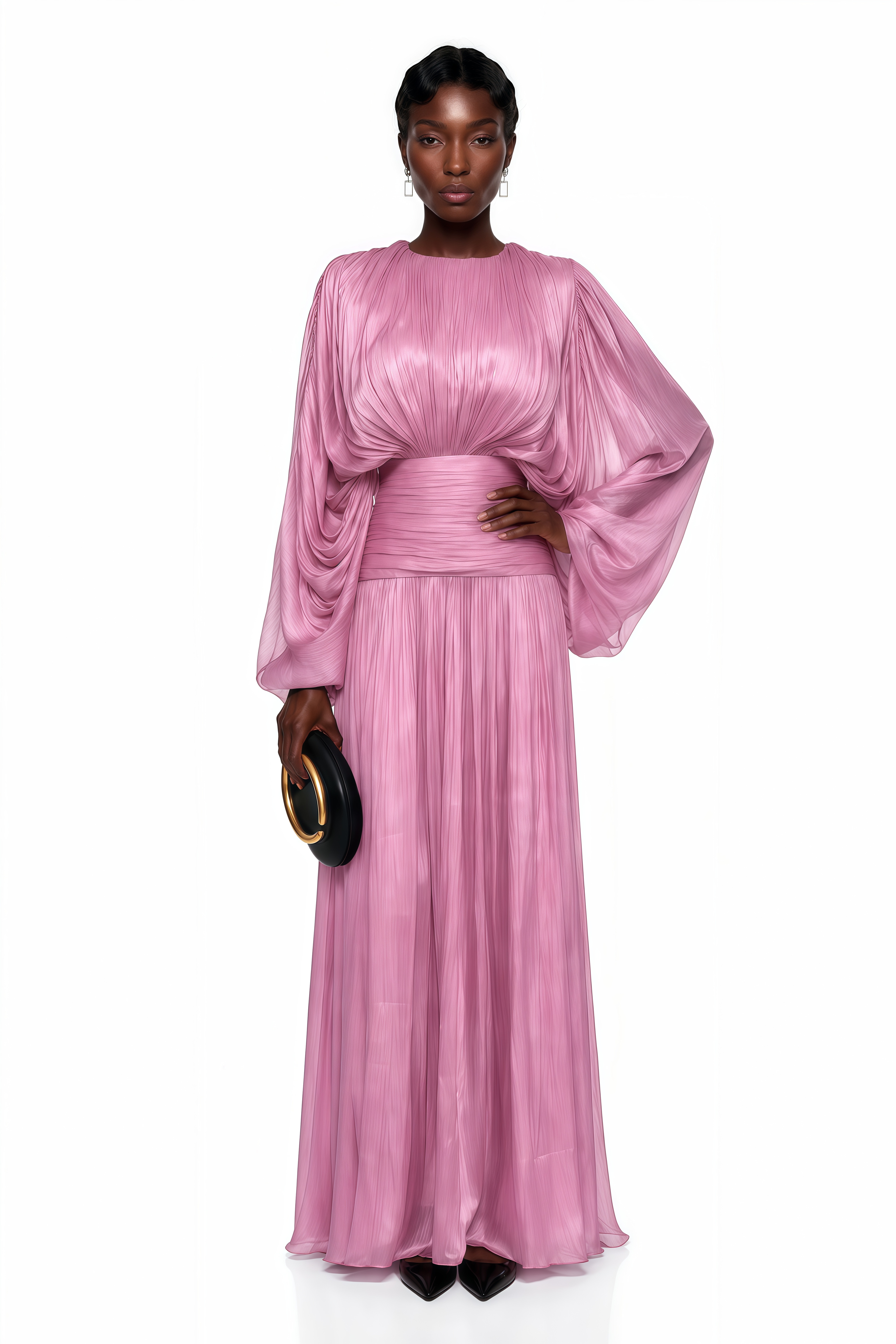 Mauve pink pleated maxi dress with draped long sleeves, a crew neckline, and a wide ruched waistband