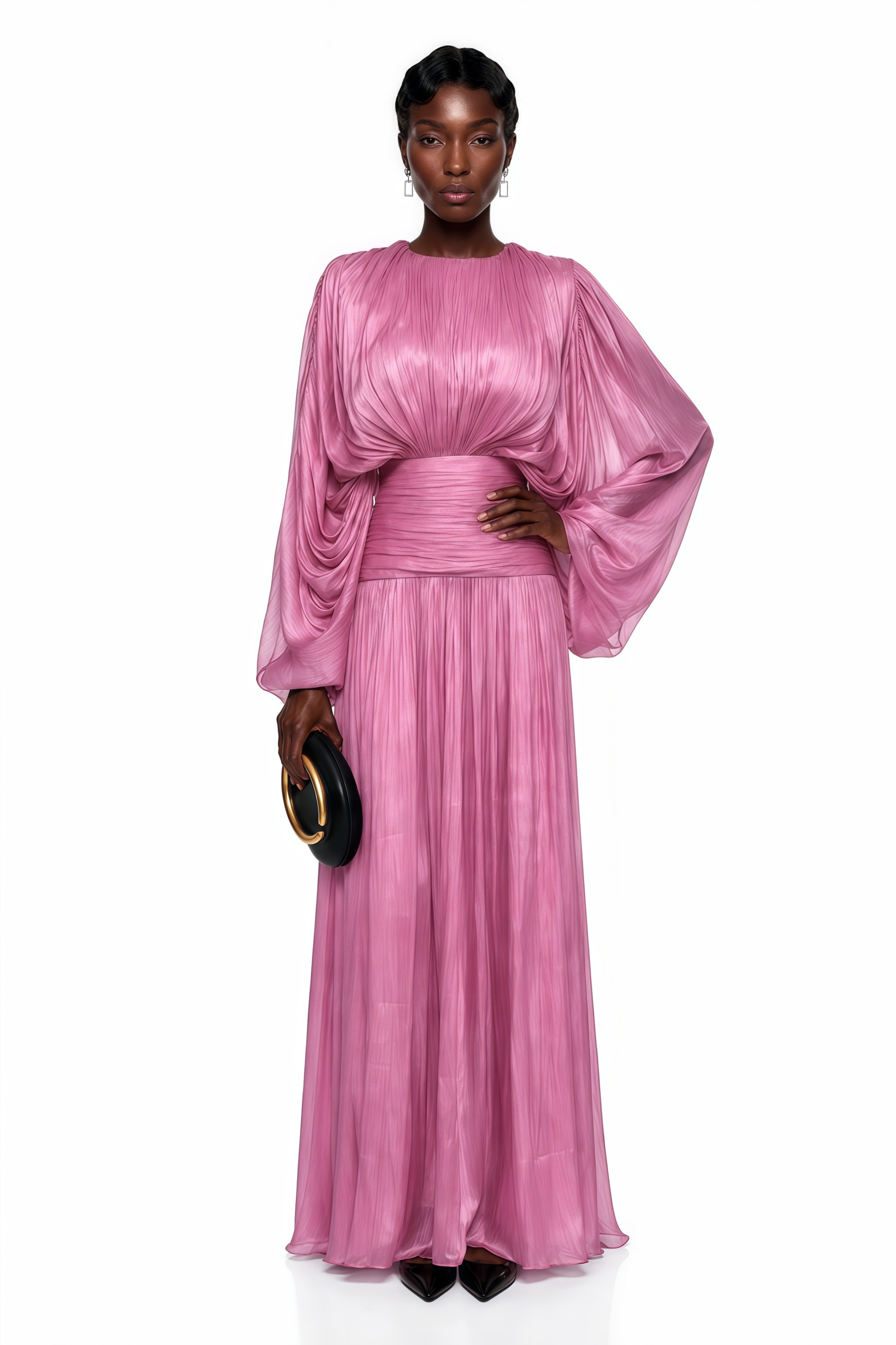 Ophelia Pink Pleated Glossy Maxi Dress