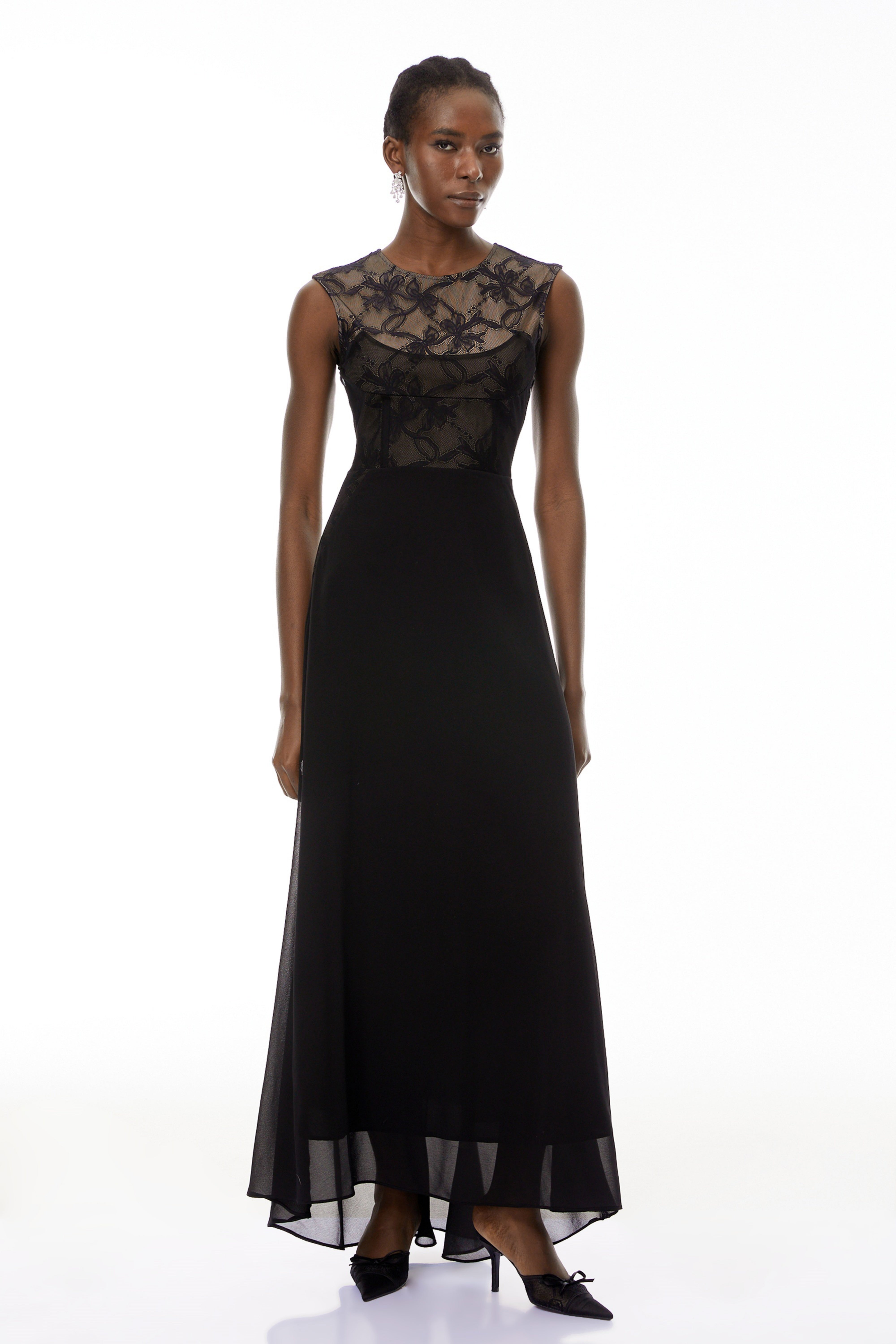 Ottilie Black Lace Panel Asymmetrical Maxi Dress