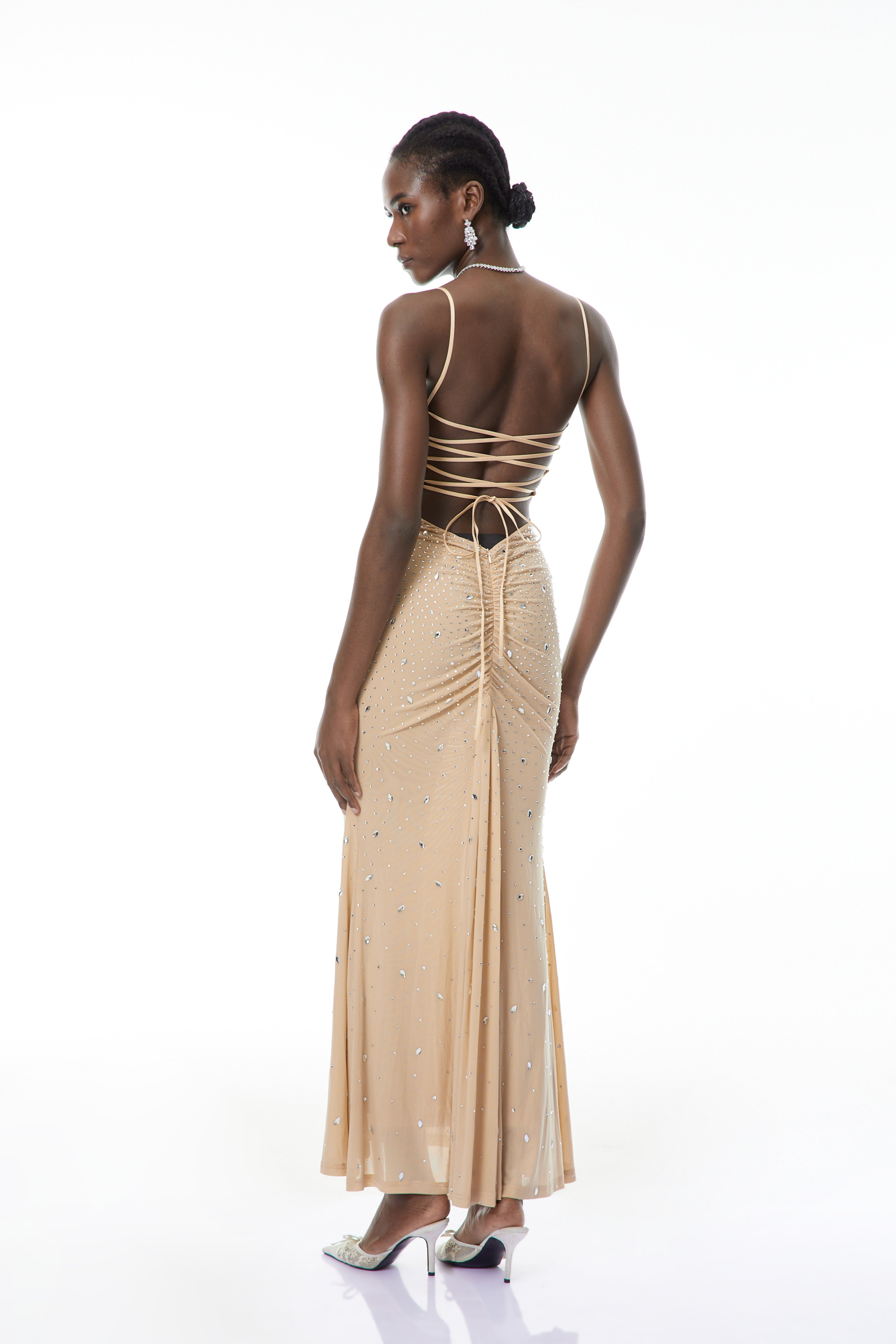Ottilie Neutral Open Back Embellished Maxi Dress