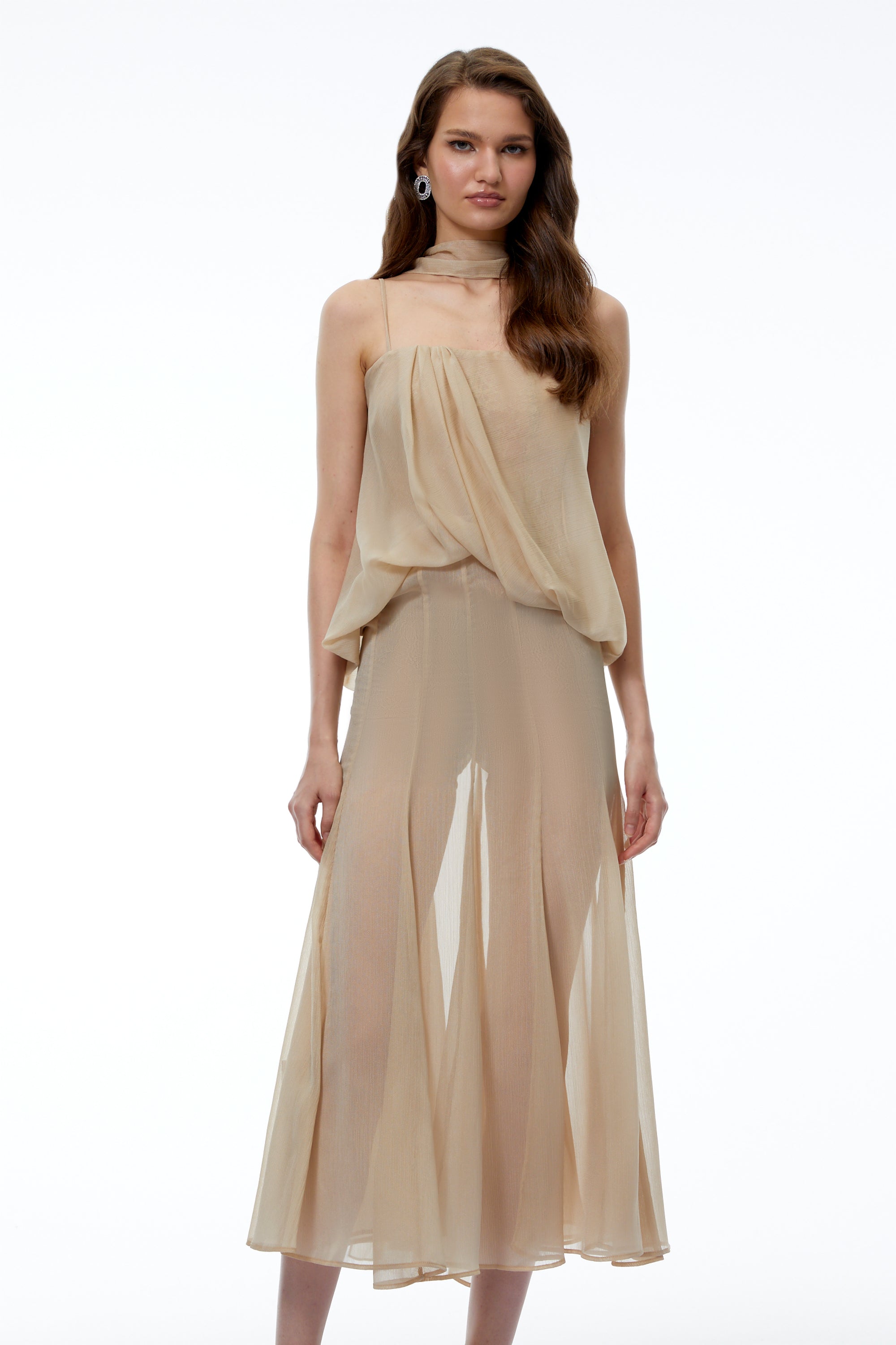 Robe longue drapée en maille Ottoline Champagne