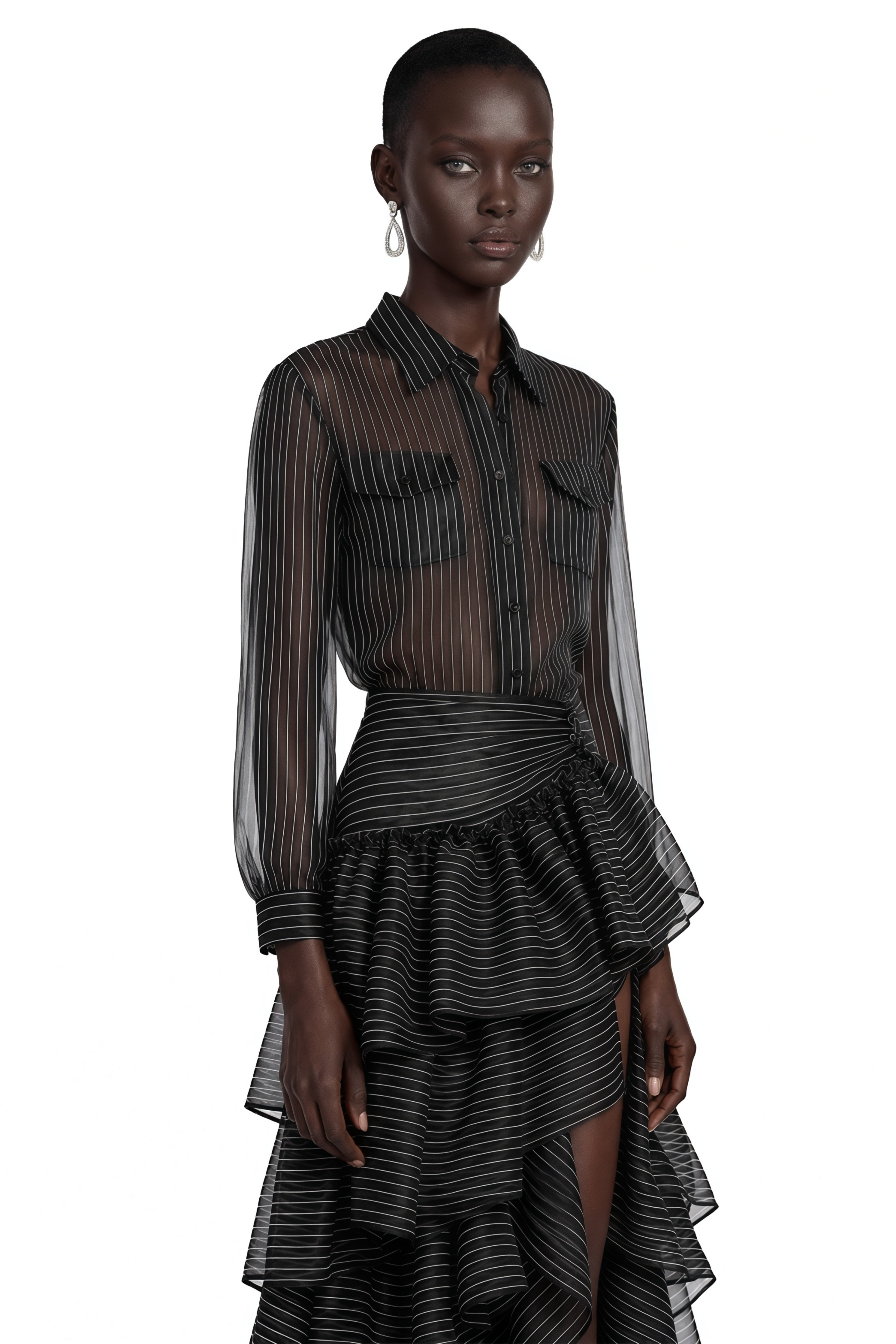 Ozzie Black Horizontal Stripe Blouse & Skirt Set