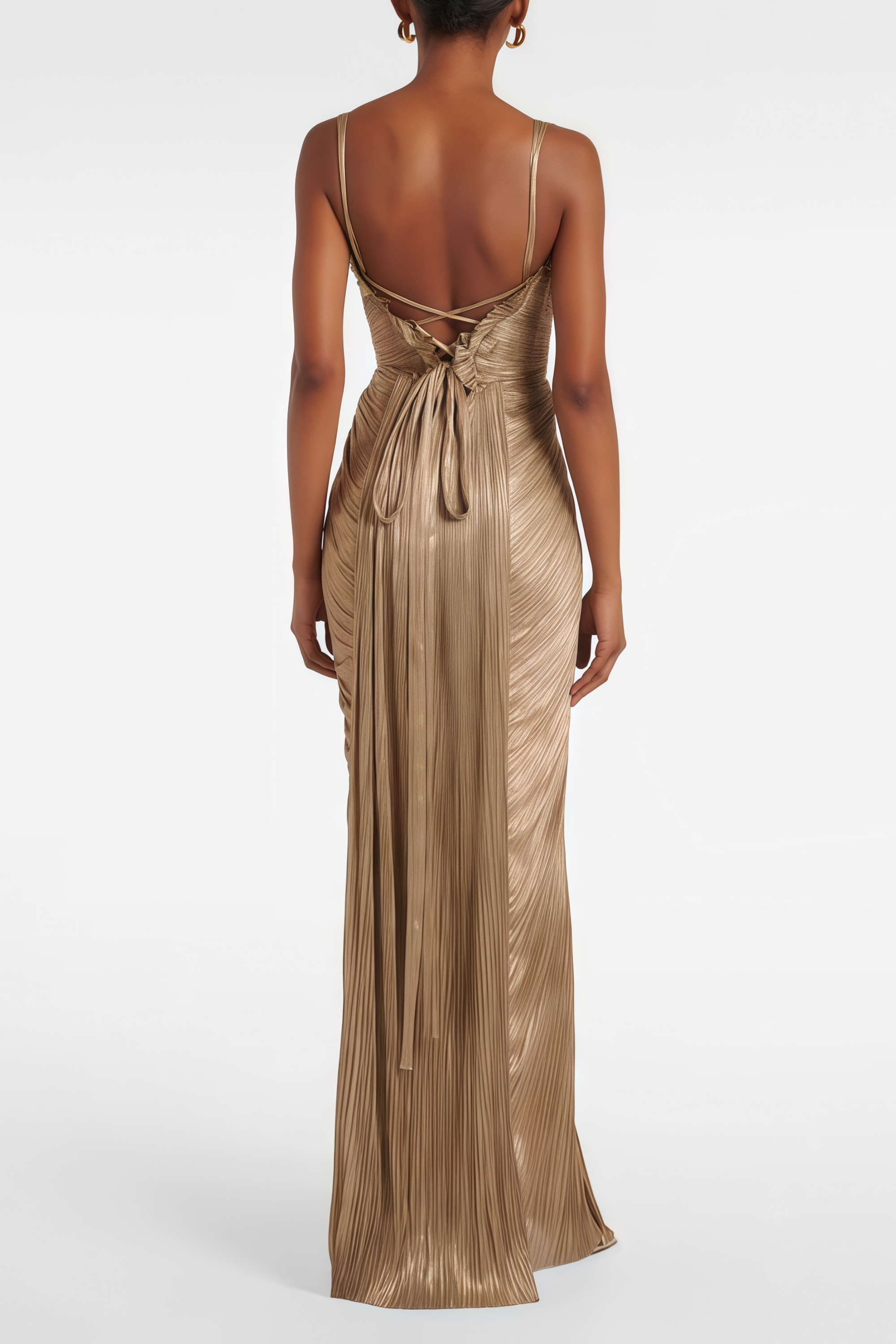 Nicoletta Gold Glossy Pleated Corset Maxi Dress
