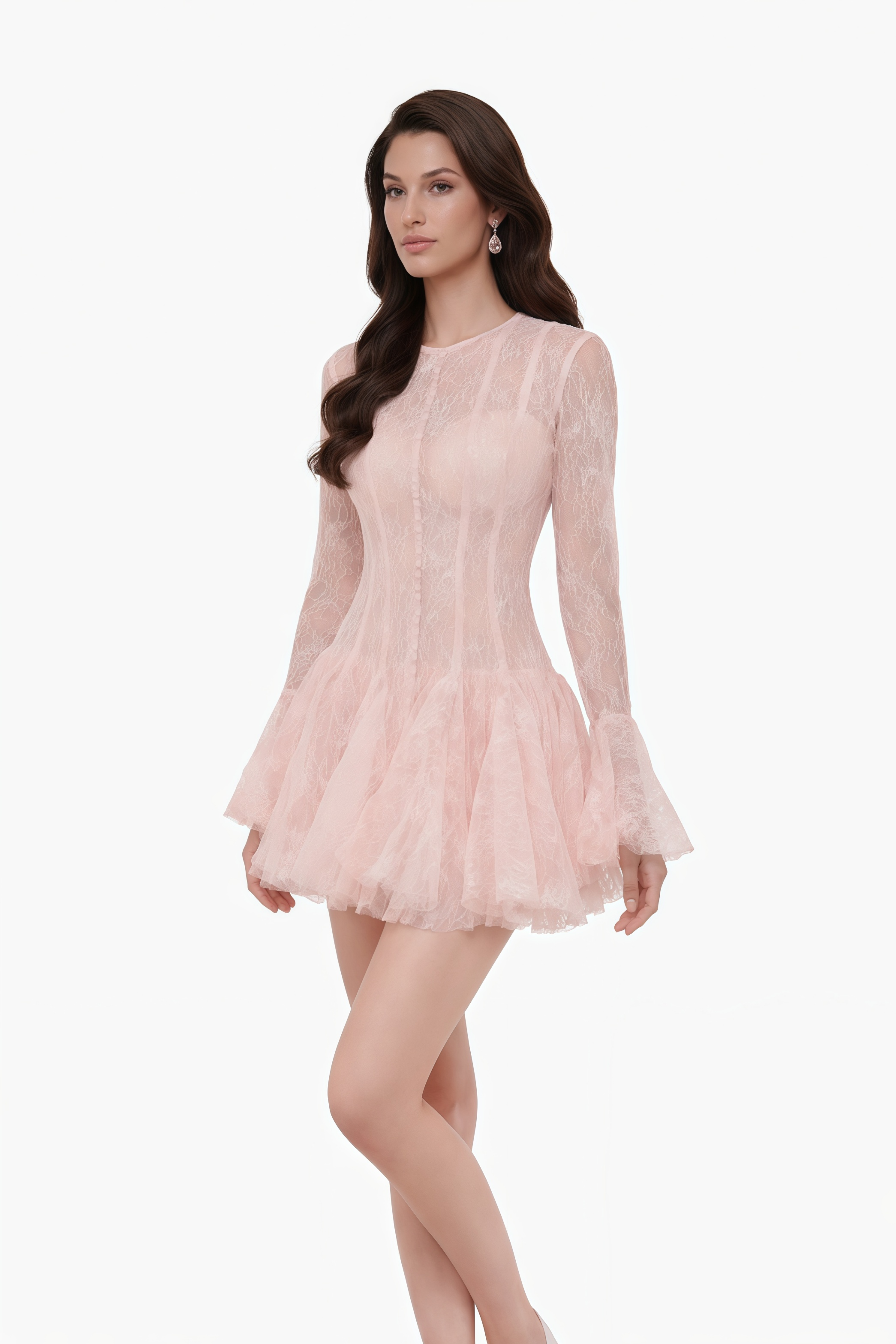 فستان قصير من باميلا باللون الوردي مع كشكش وأجزاء من الدانتيل