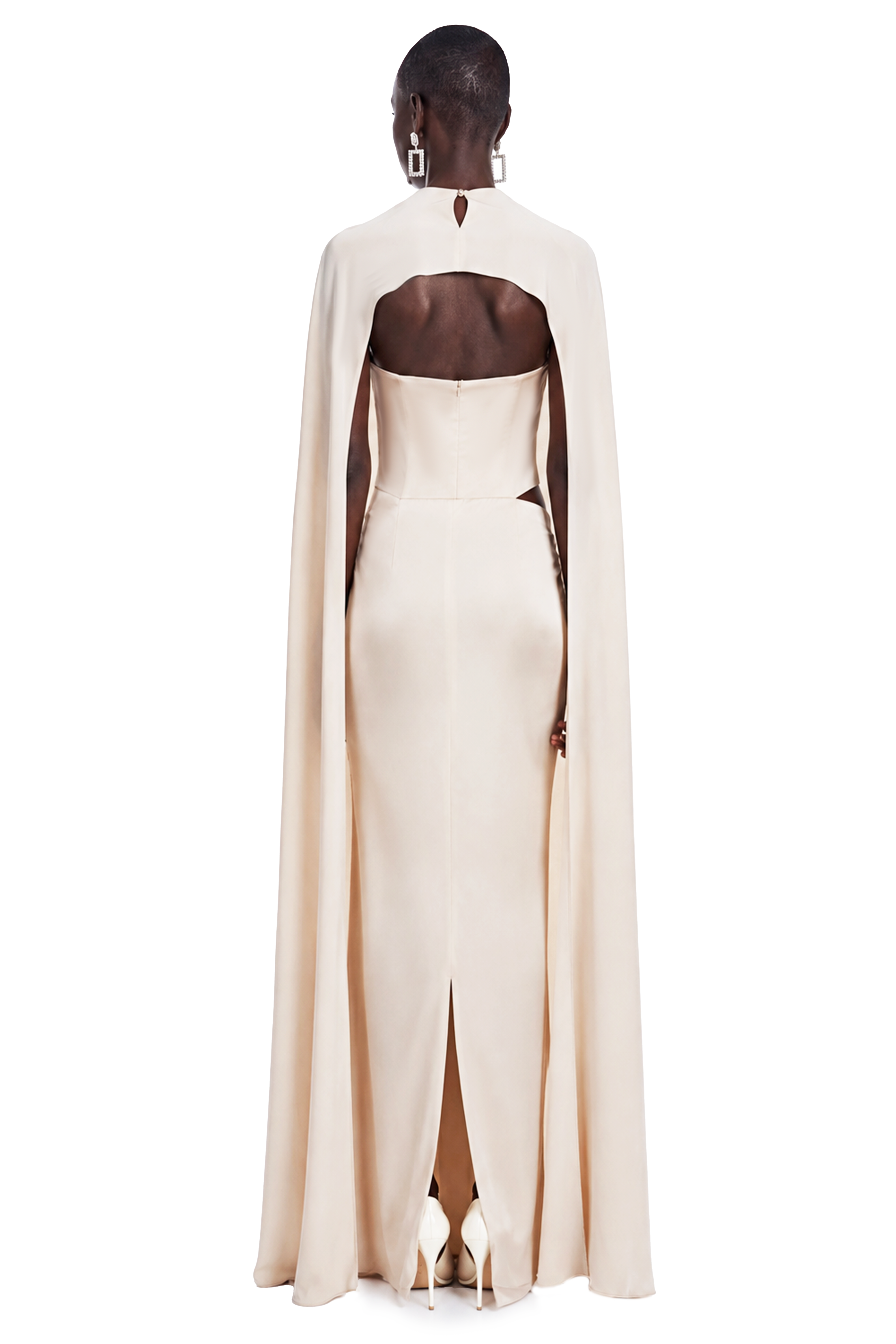 Patricie White Ruched Maxi Dress & Cape Set with Metal Hardware