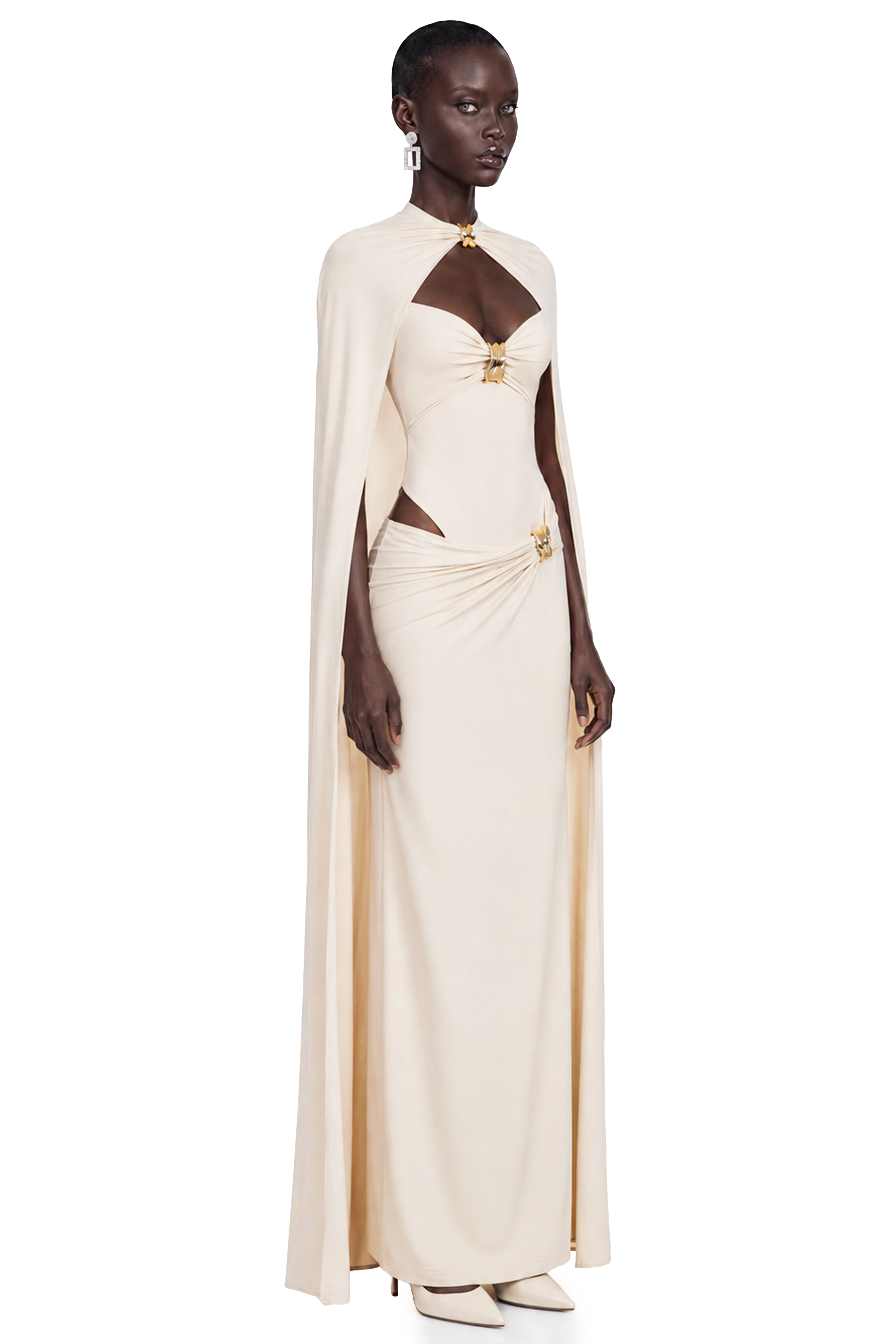 Patricie White Ruched Maxi Dress & Cape Set with Metal Hardware