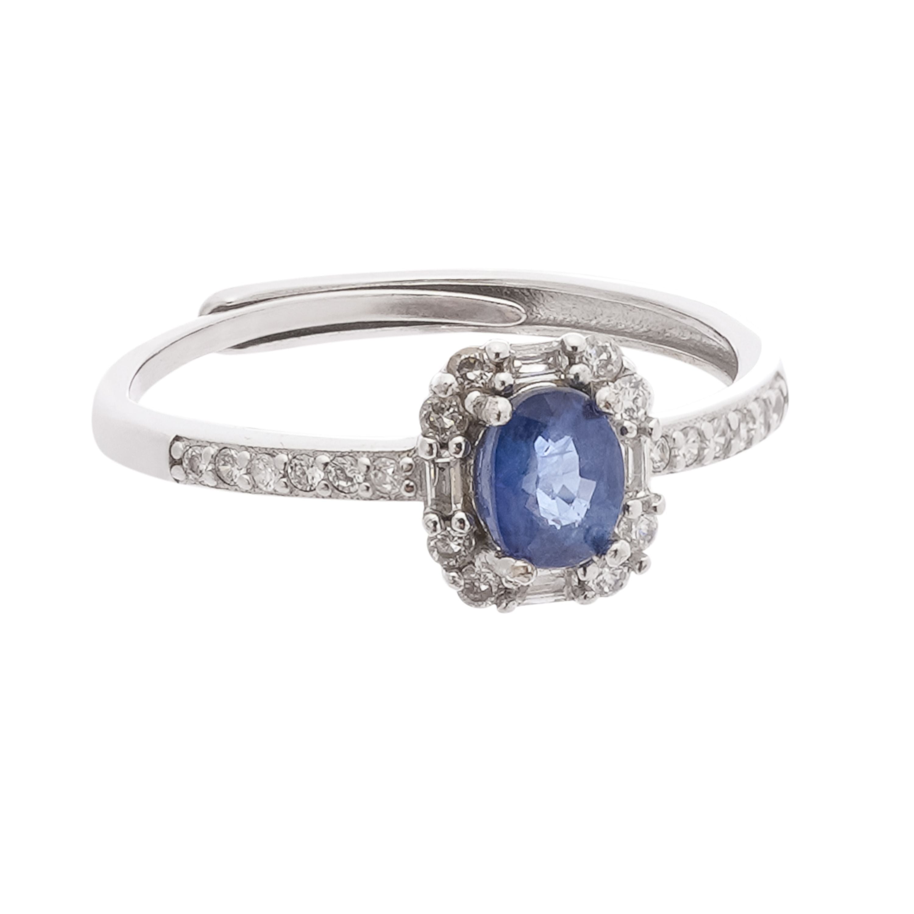 Paula Blue Sapphire Oval Cut Halo Pavé Crystal Sterling Silver Ring