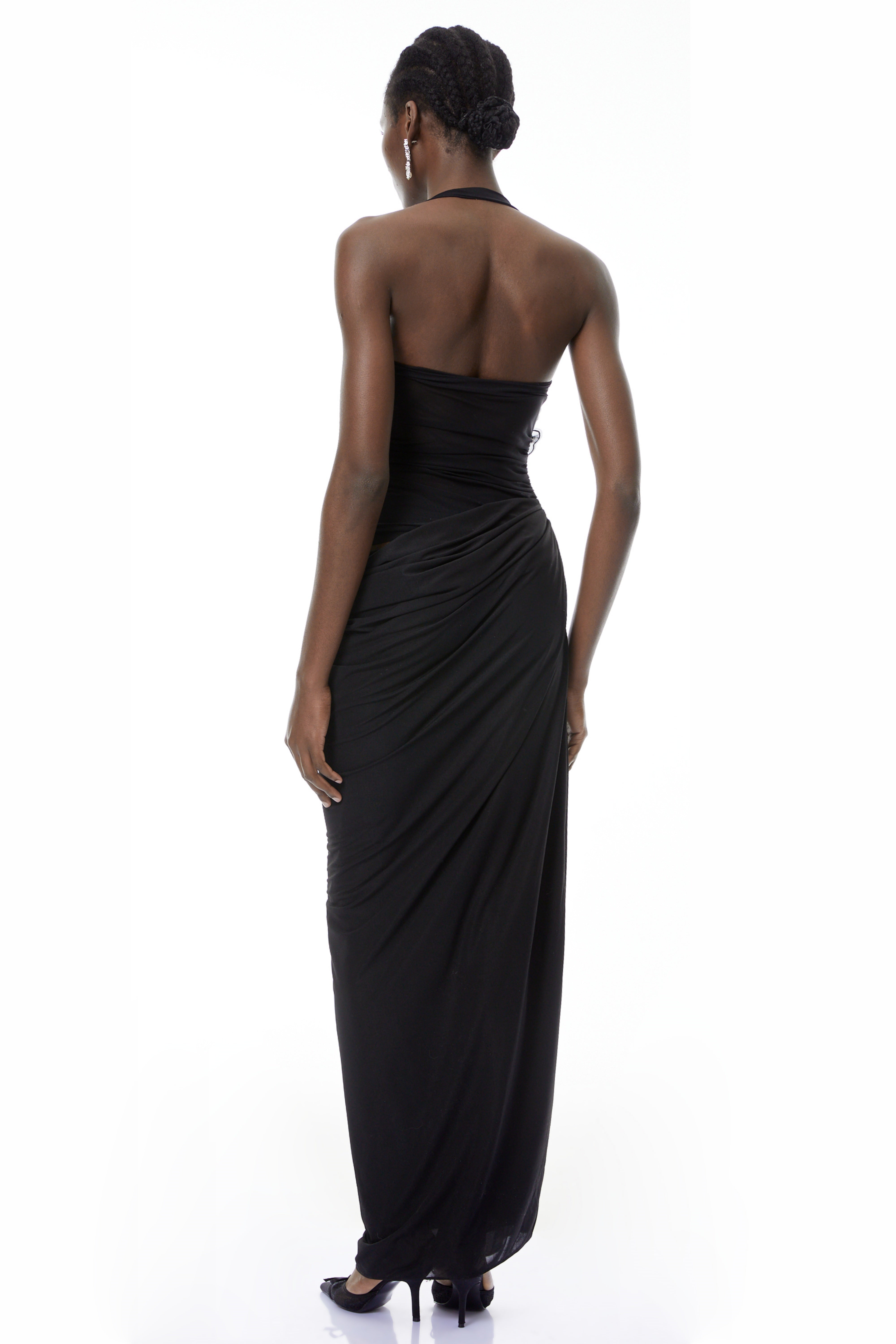 Pauline Black Ruched Maxi Dress with 3D Petals