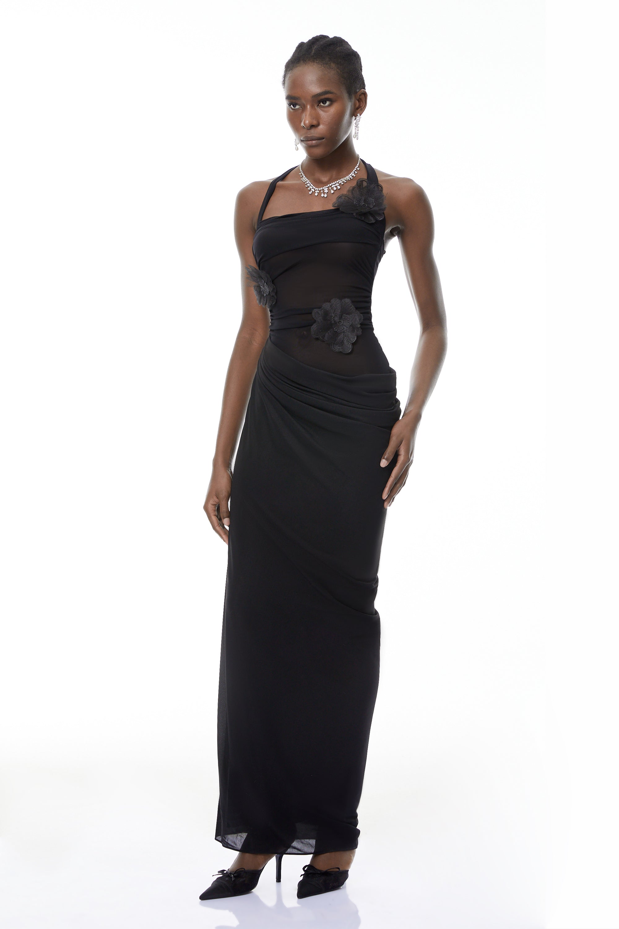 Pauline Black Ruched Maxi Dress with 3D Petals