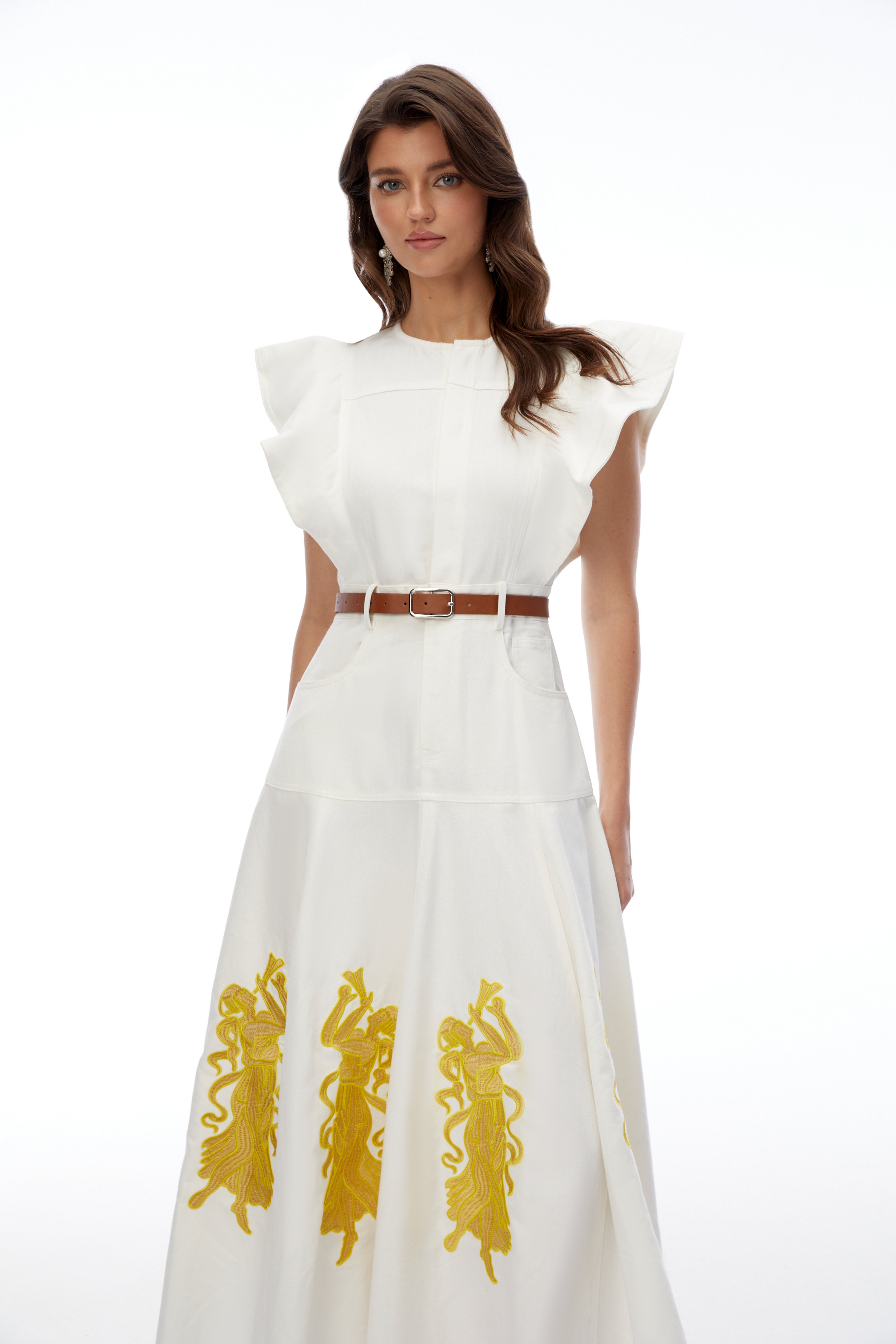 Pearl White Embroidered Maxi Dress with Flutter Sleeves
