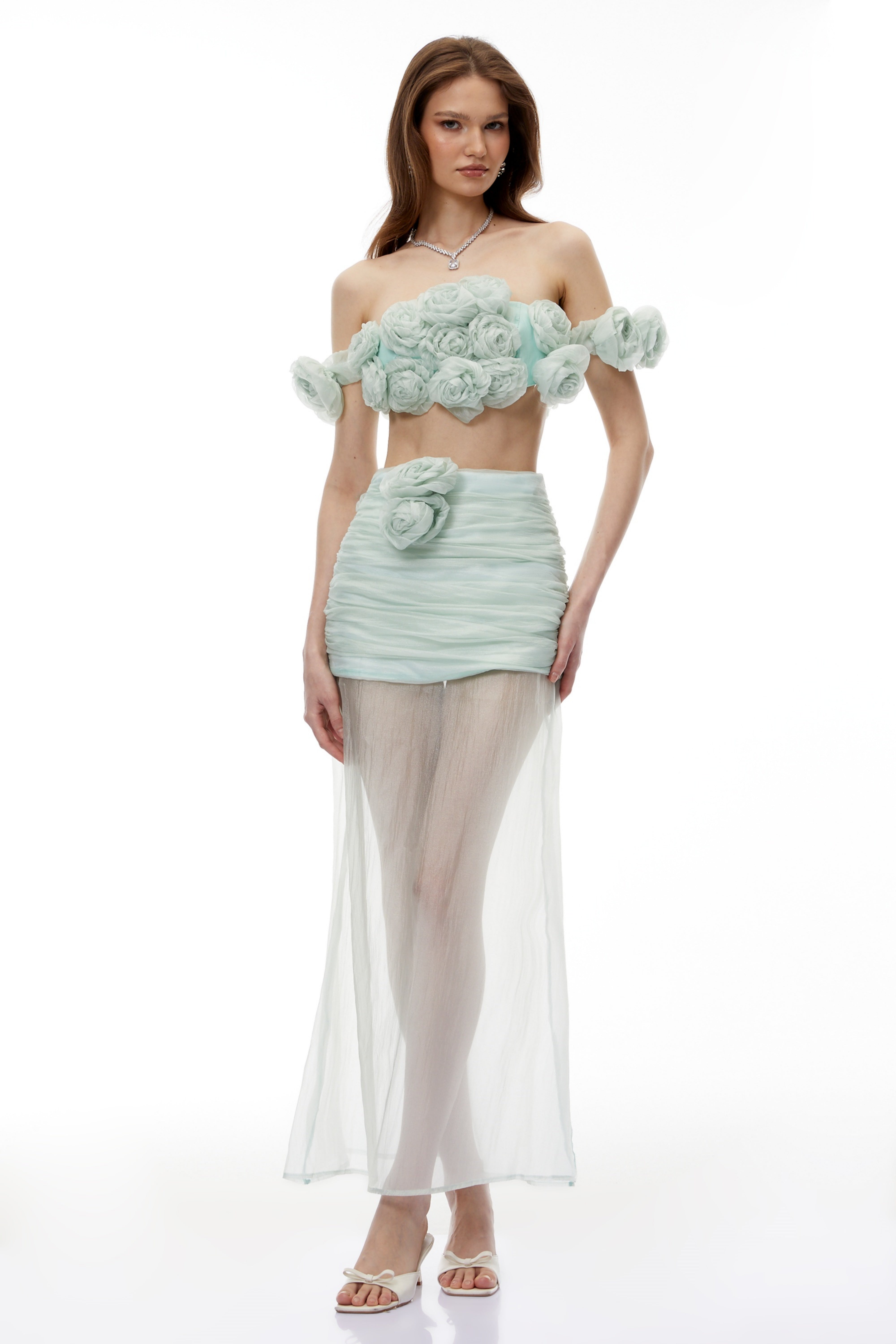 Penelope Green Tulle Top & Skirt Set with 3D Florals