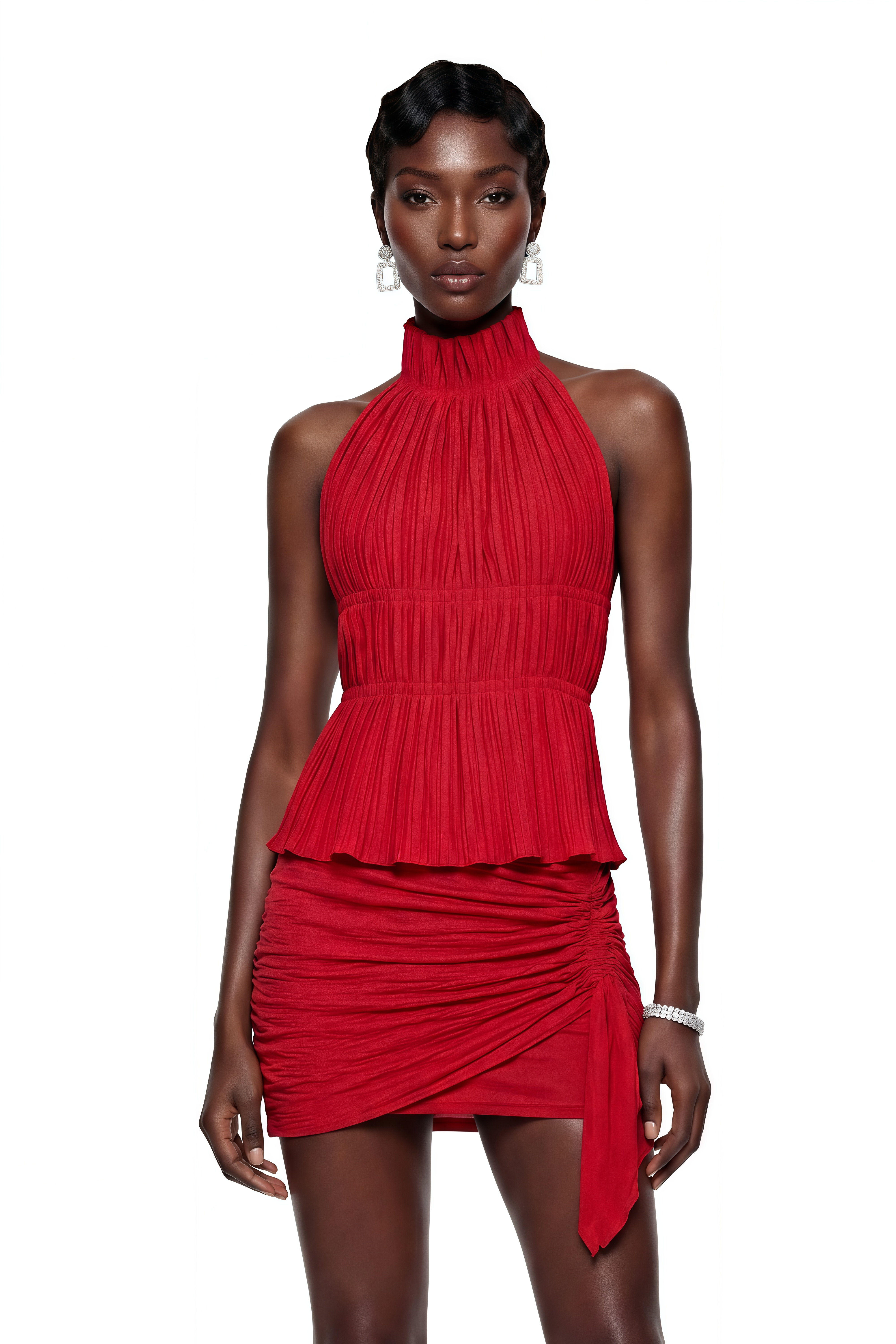 Pénélope Red High Neck Backless Pleated Top