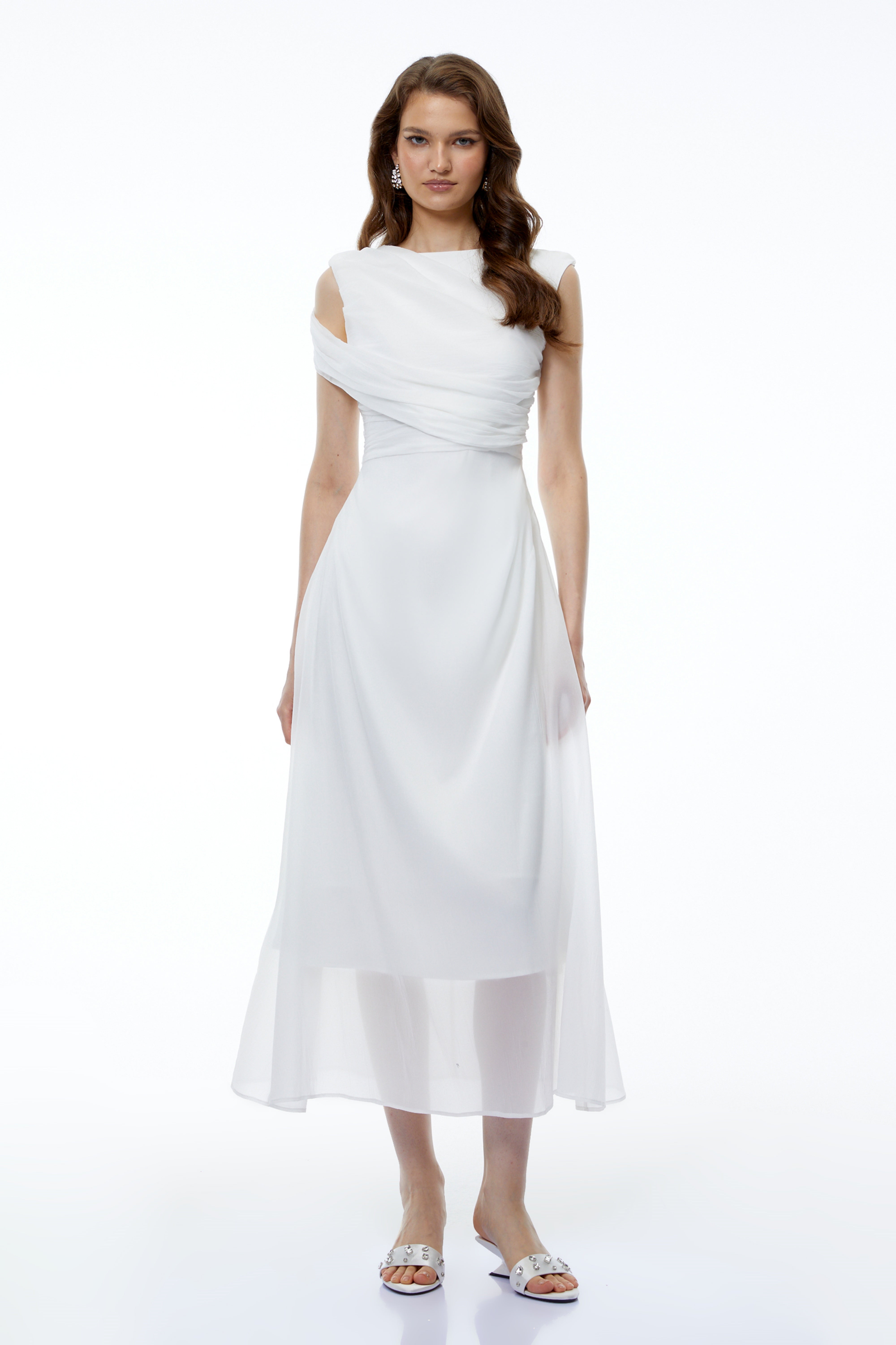Penelope White Asymmetrical Sleeveless Maxi Dress