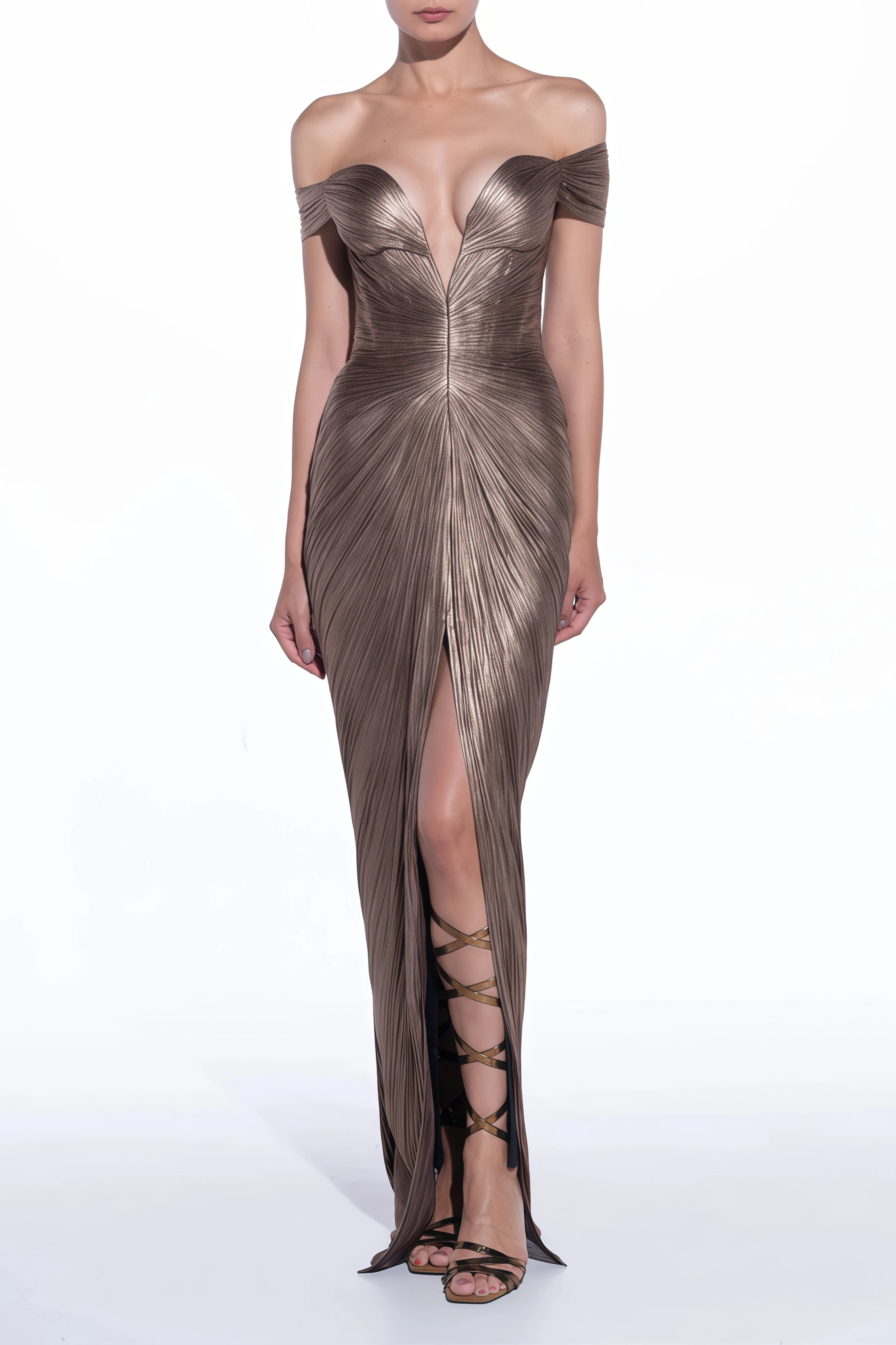 Robe longue à épaules dénudées Pérola, bronze doré métallisé