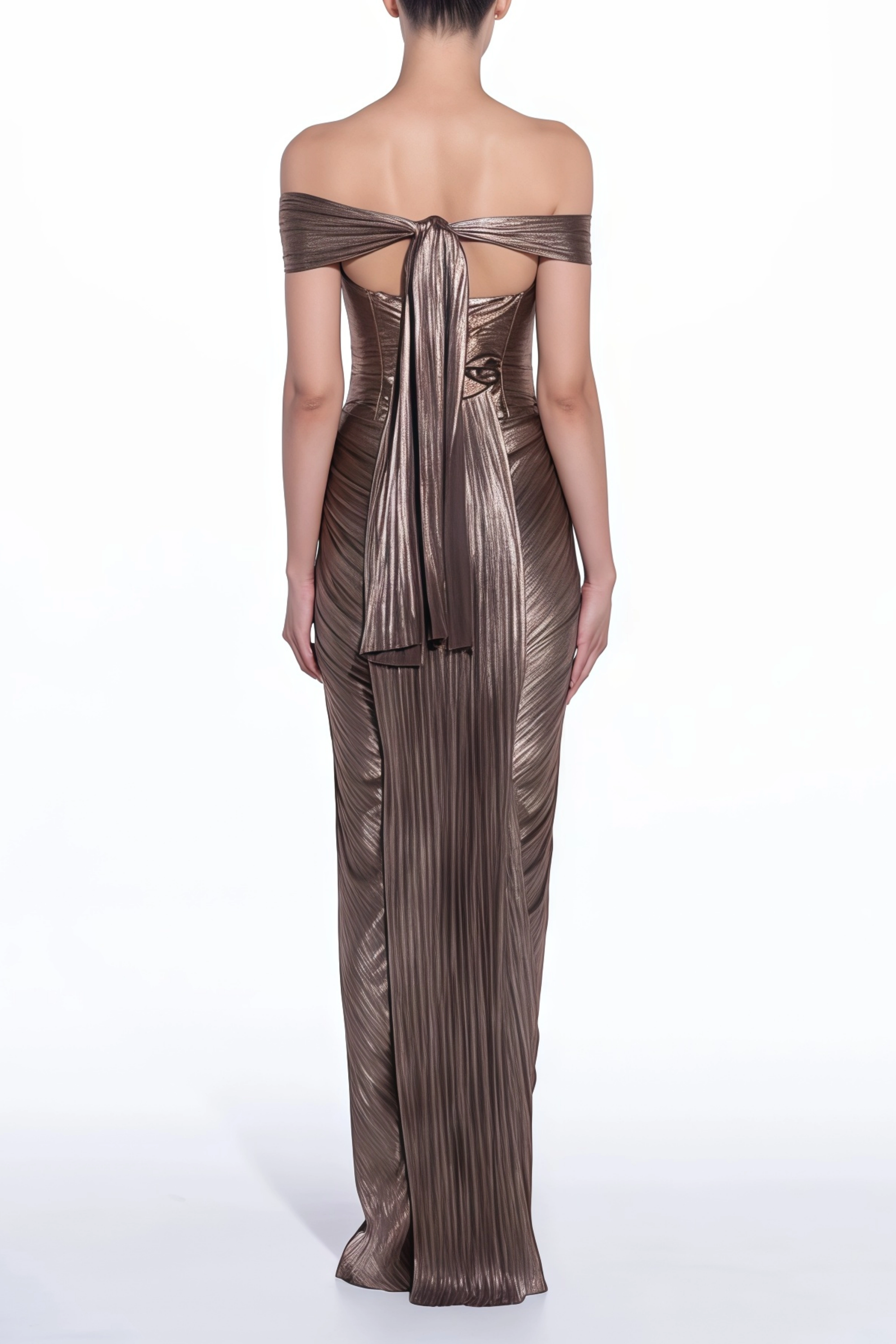 Robe longue à épaules dénudées Pérola, bronze doré métallisé