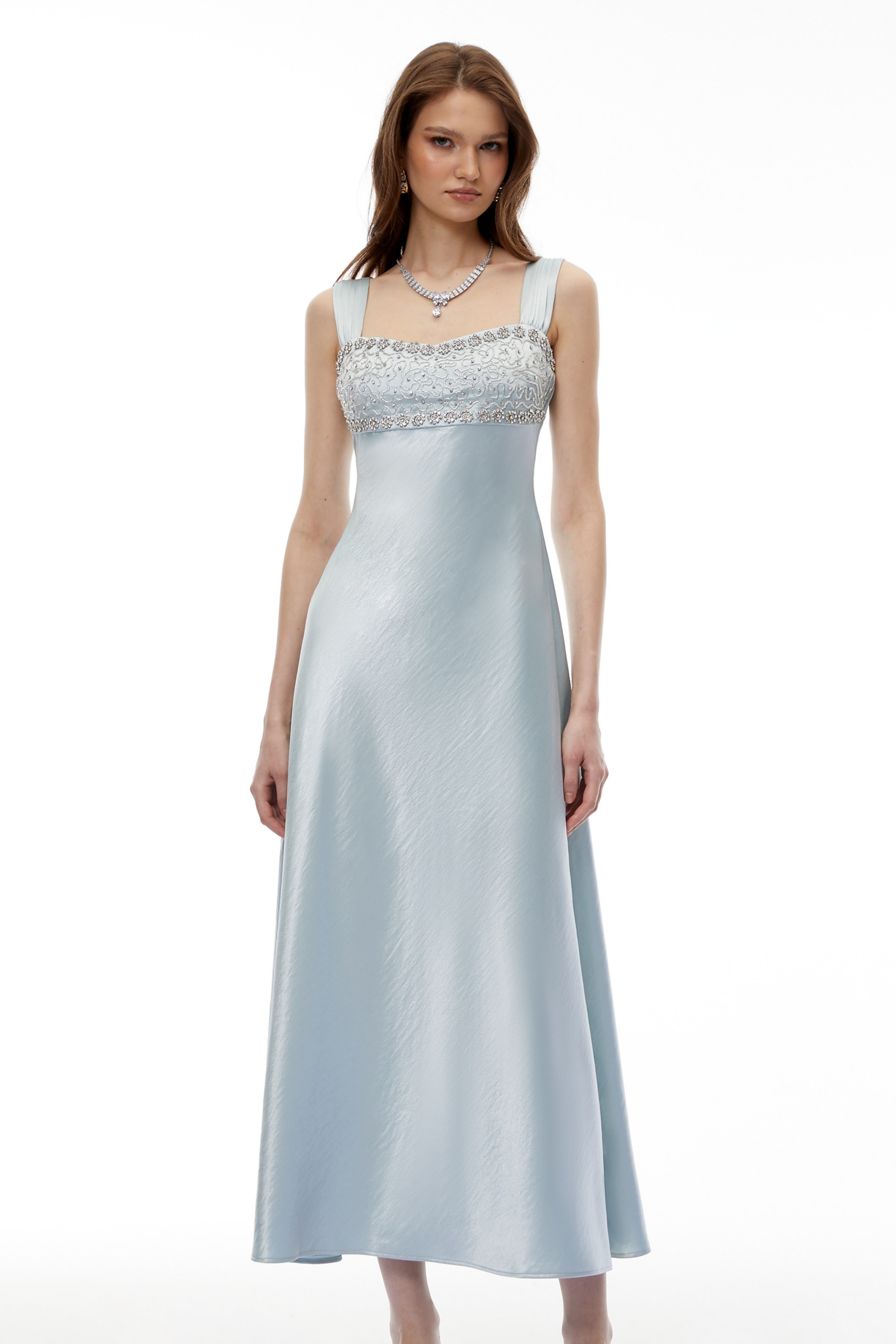 Perrine Cobalt Blue Embellished Satin Midi Dress