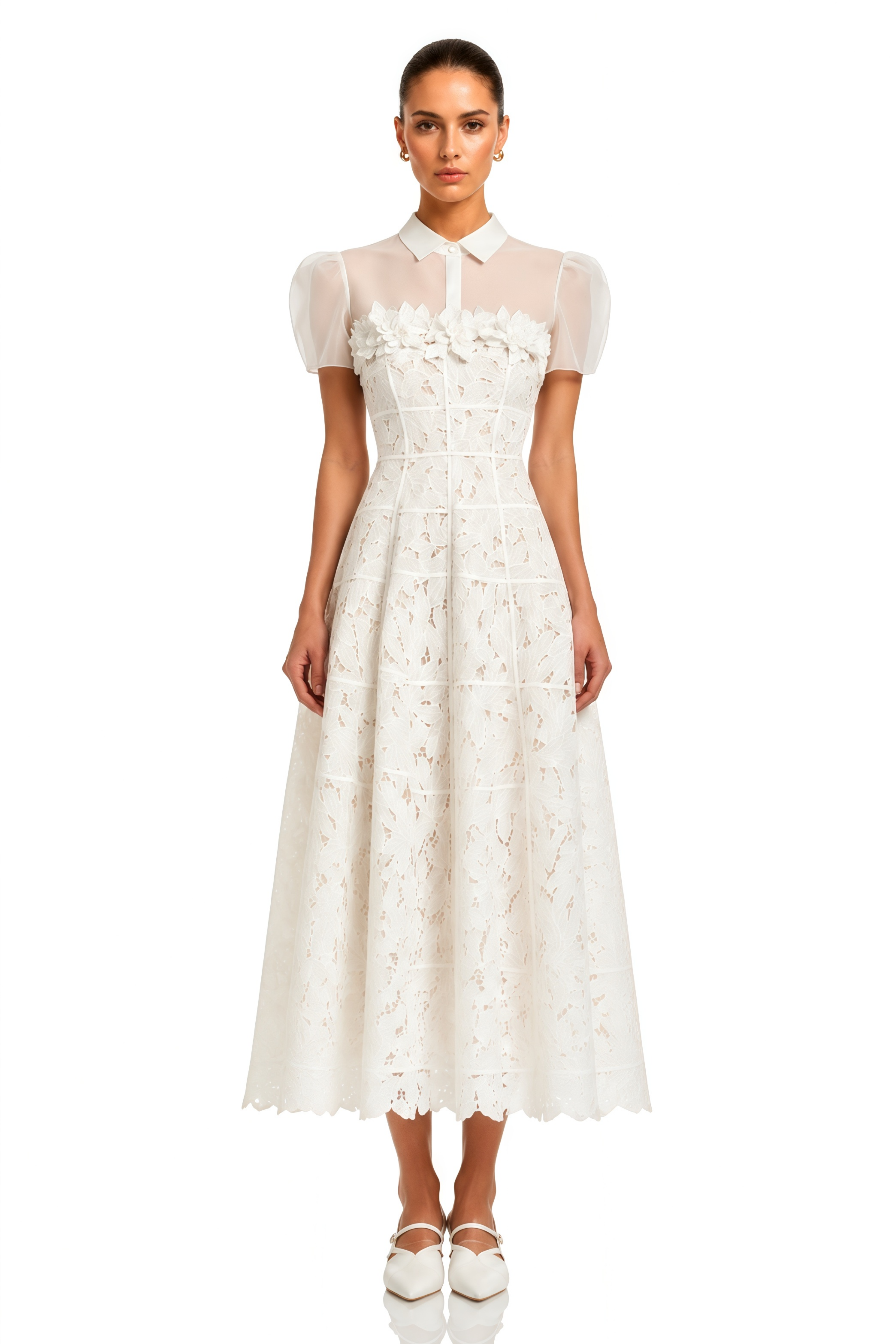 Philippa White Mesh Panel Midi Dress with Lace Applique