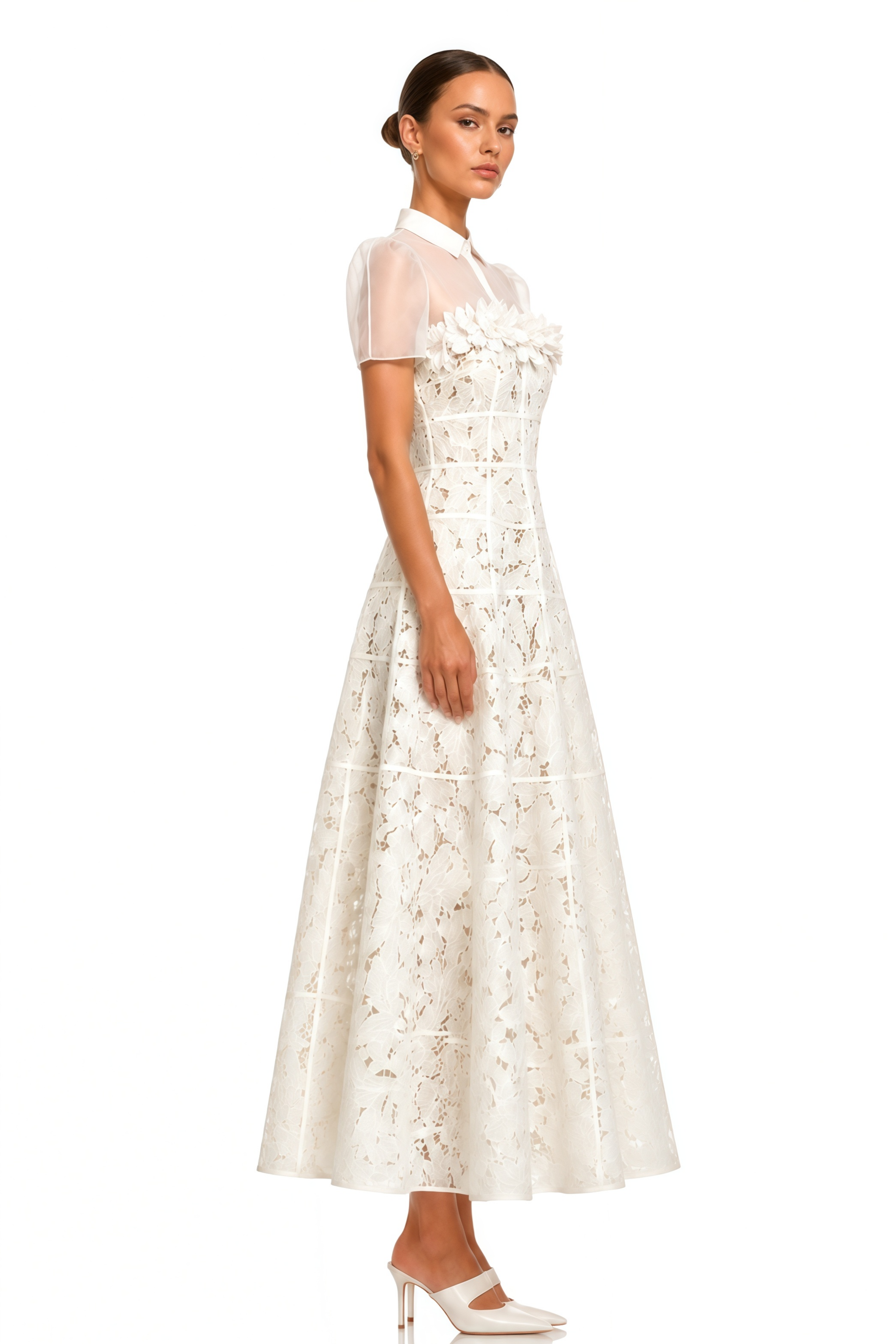 Philippa White Mesh Panel Midi Dress with Lace Applique