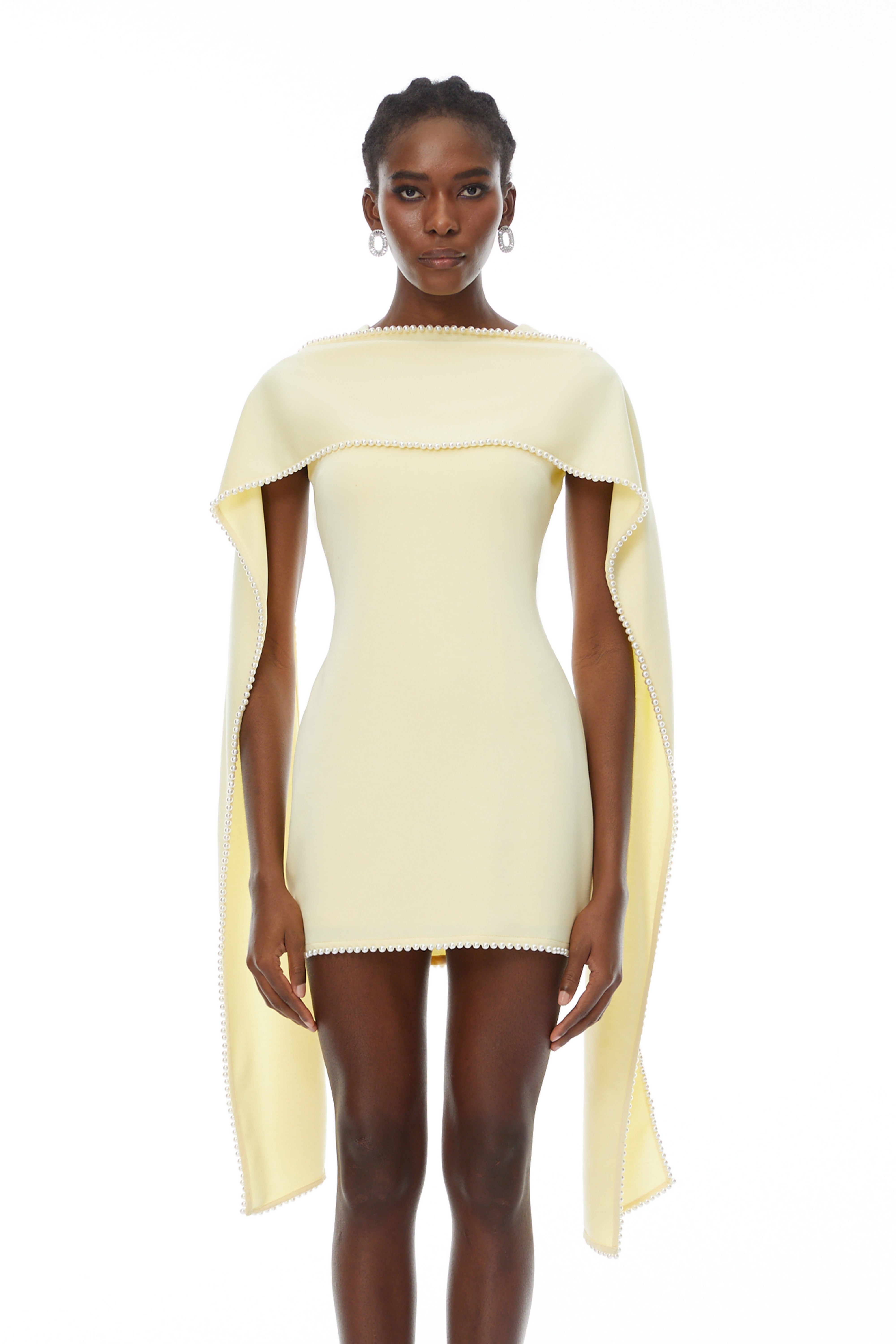 Piroska Yellow Sleeveless Pearl Trim Mini Dress