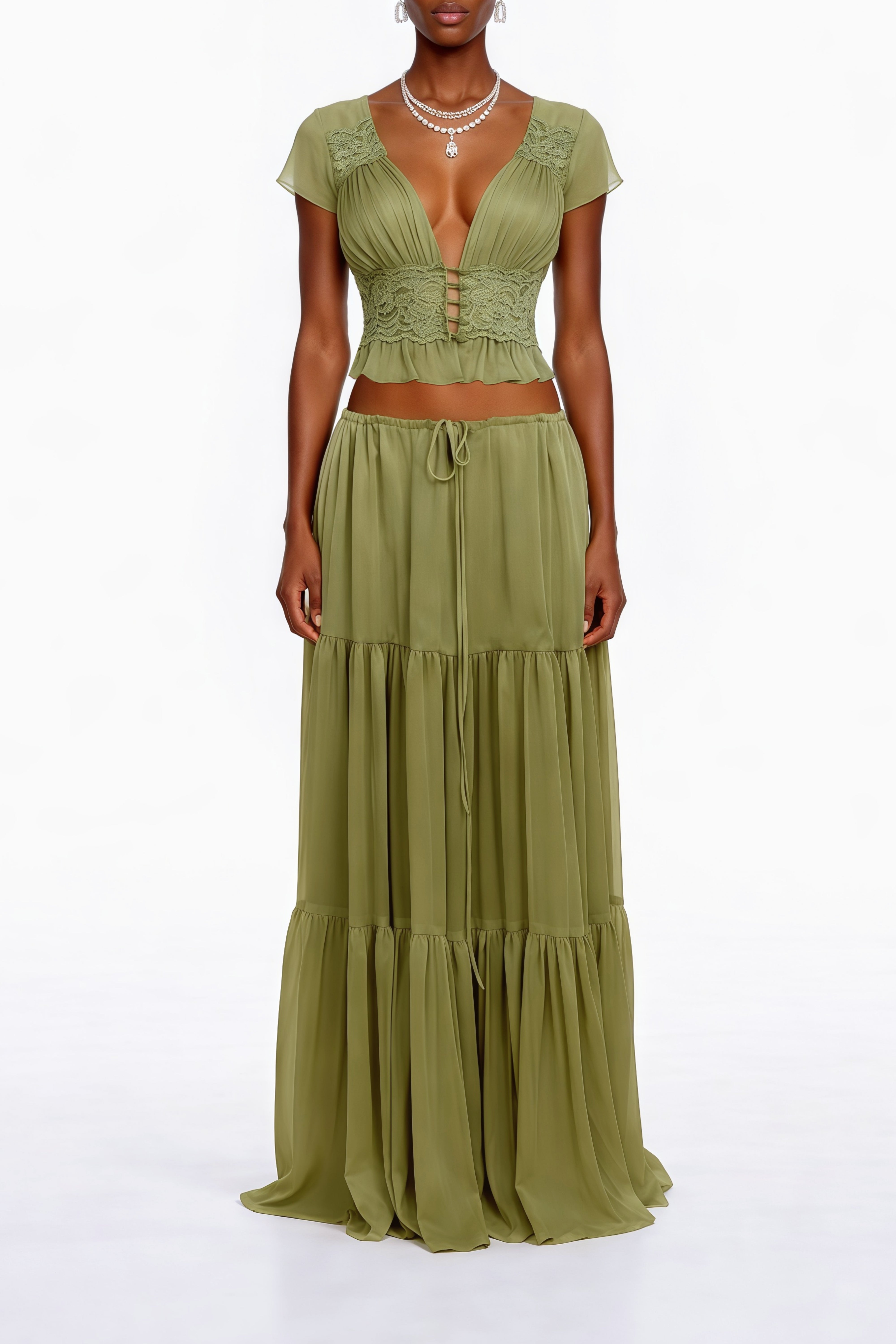 Ensemble top et jupe en mousseline à fleurs et dentelle verte Pleiade