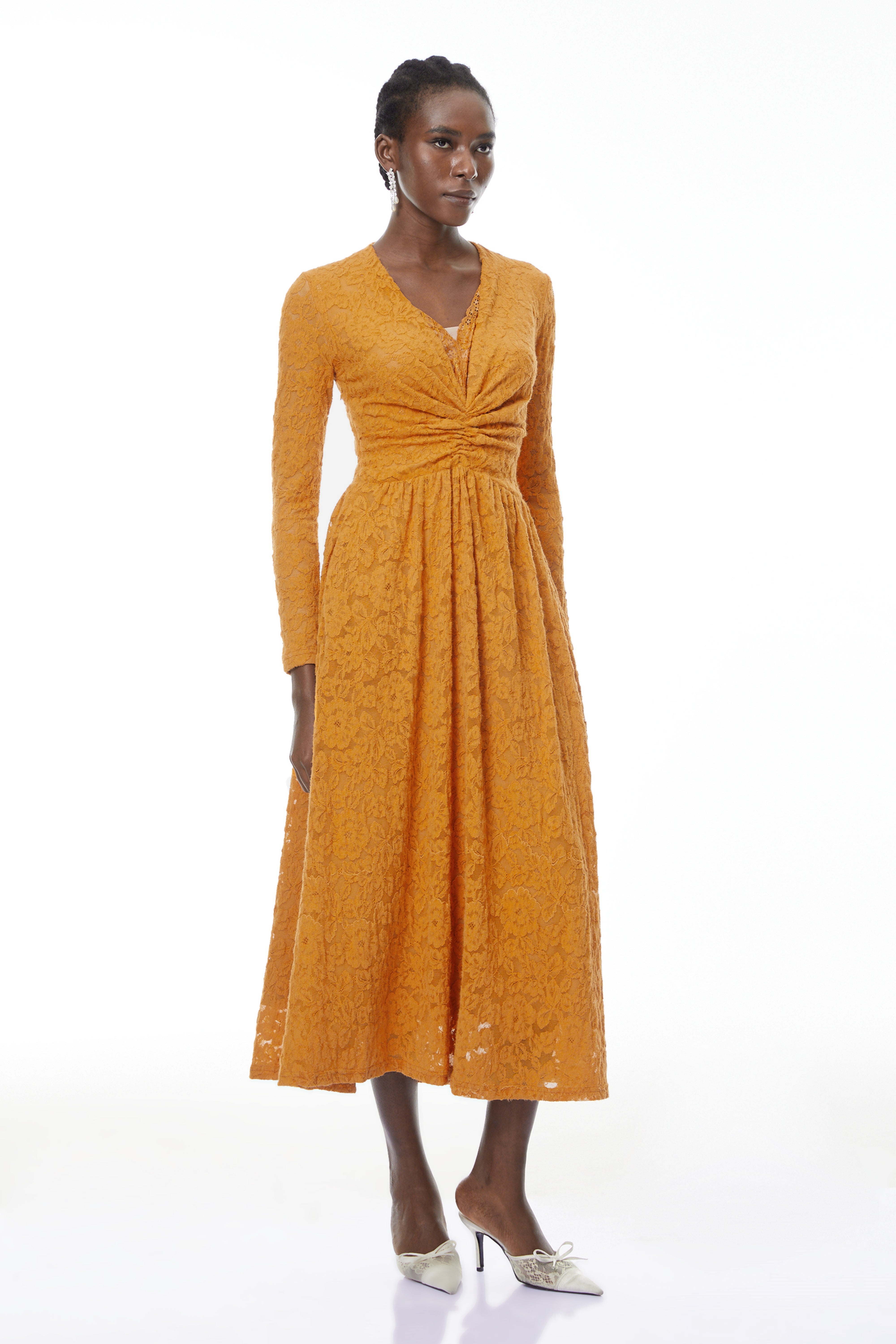 Posie Yellow Floral Lace Ruched Maxi Dress