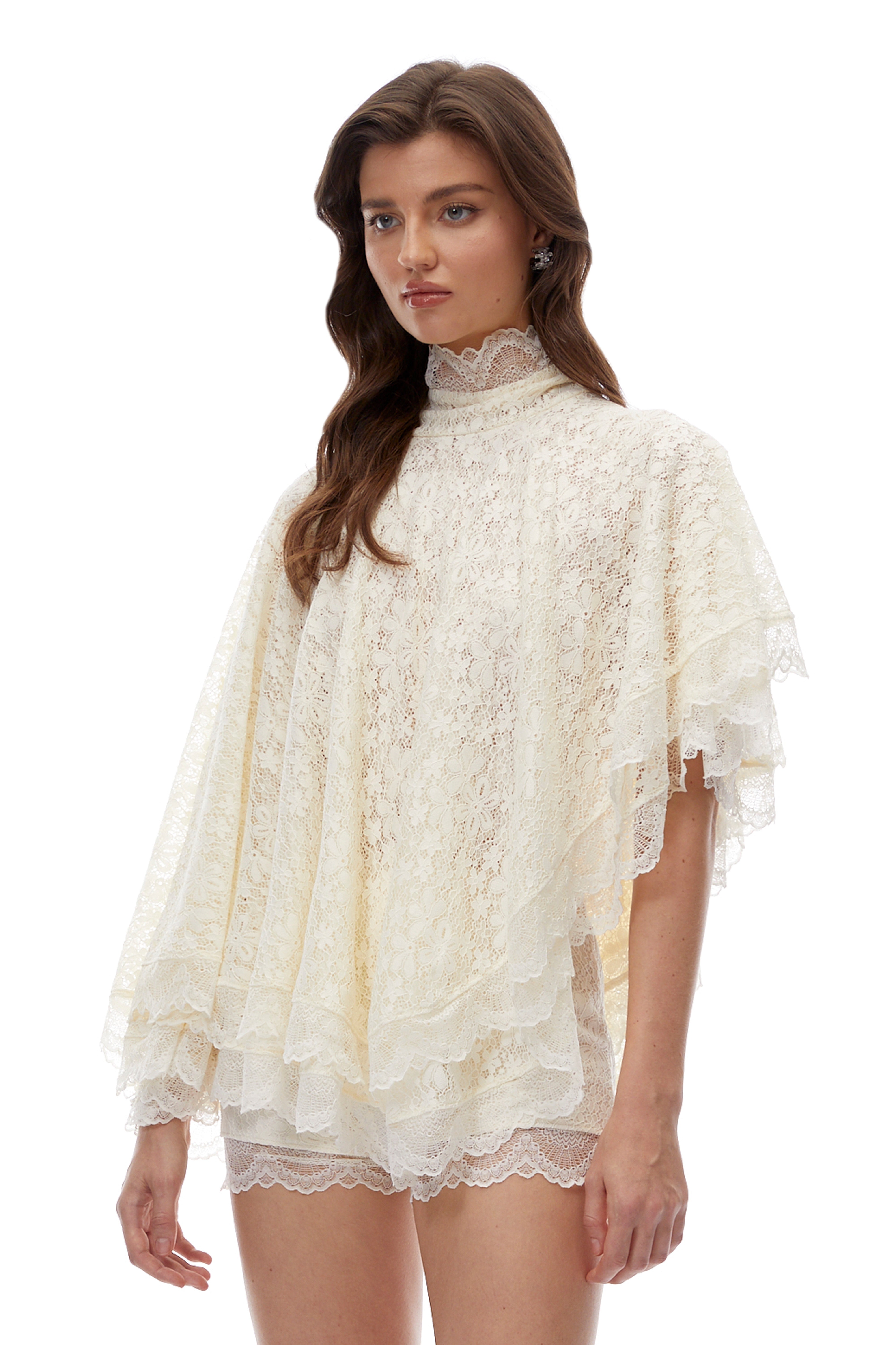 Priscilla White Turtleneck Lace Top & Shorts Set