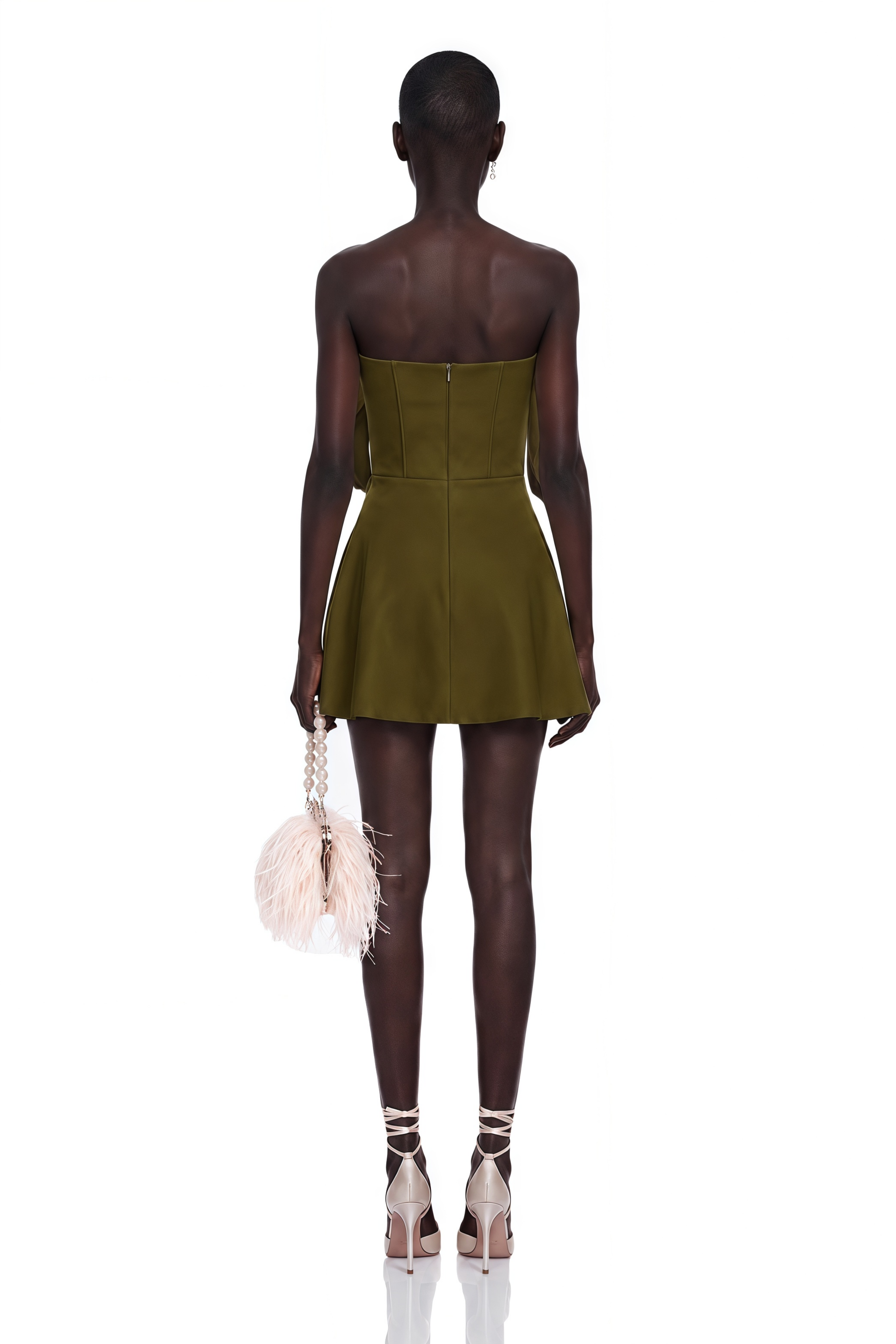 Prune Olive Green Ruched Mini Dress with Metal Hardware