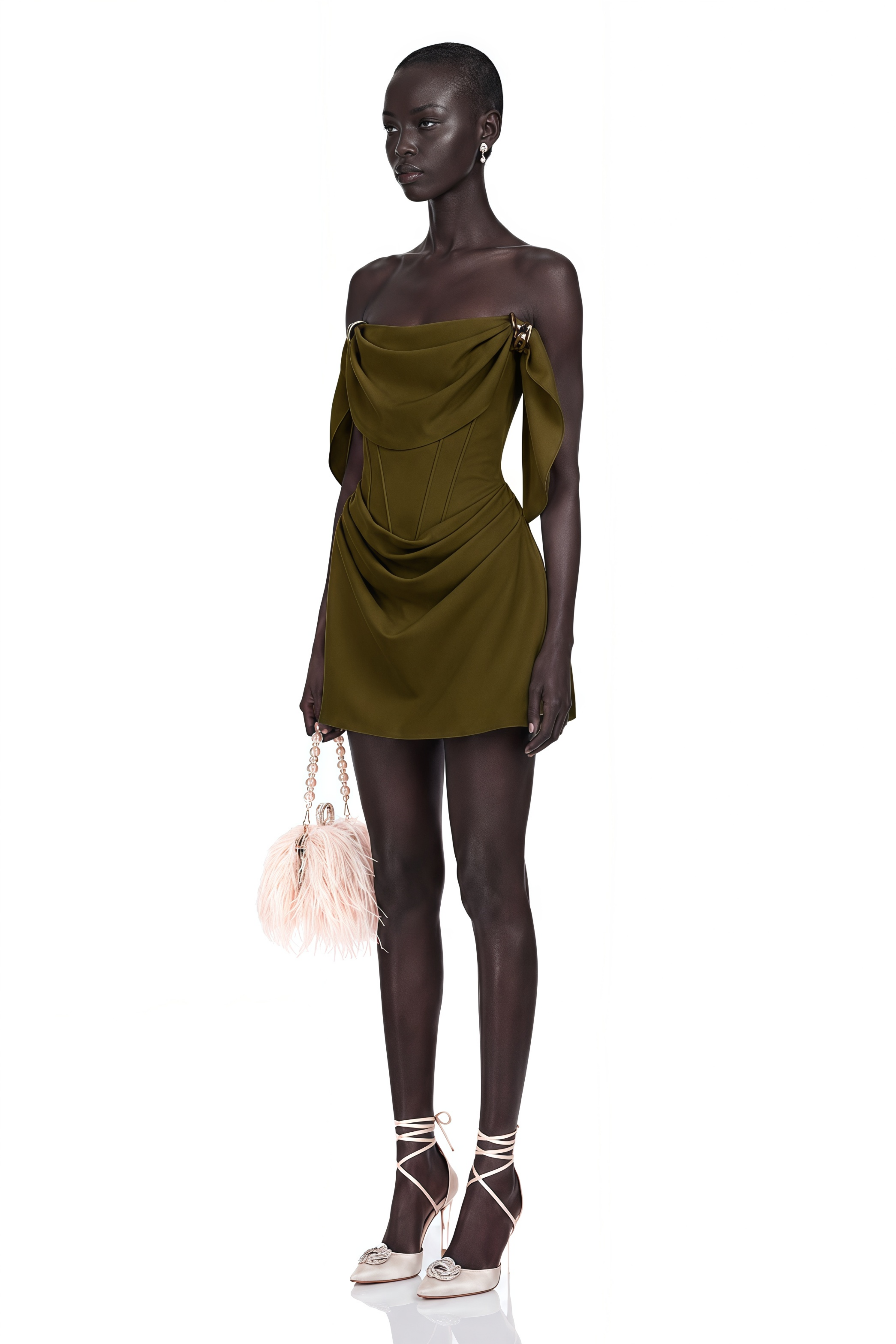 Prune Olive Green Ruched Mini Dress with Metal Hardware
