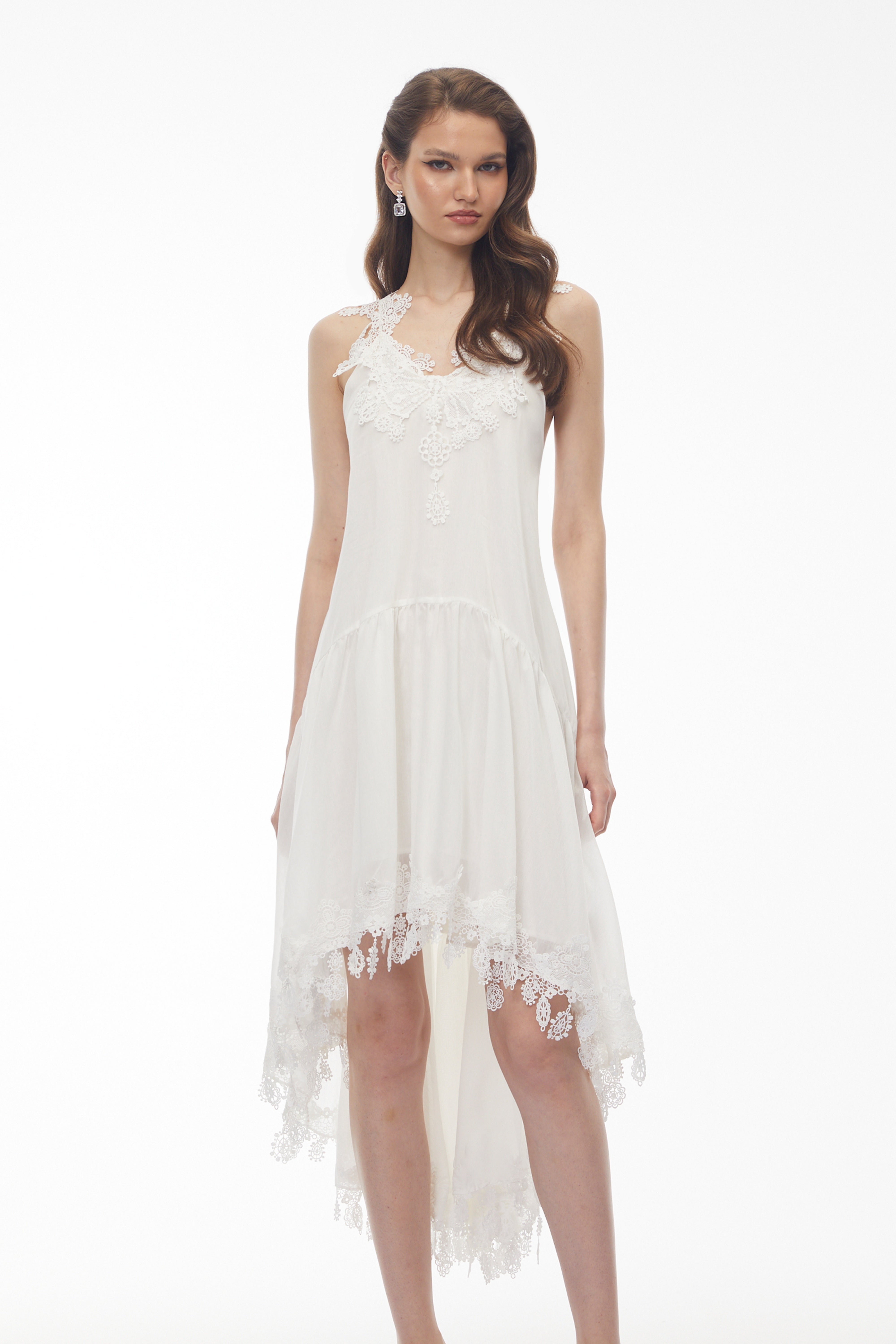 Qadesh White Floral Lace Sleeveless Midi Dress