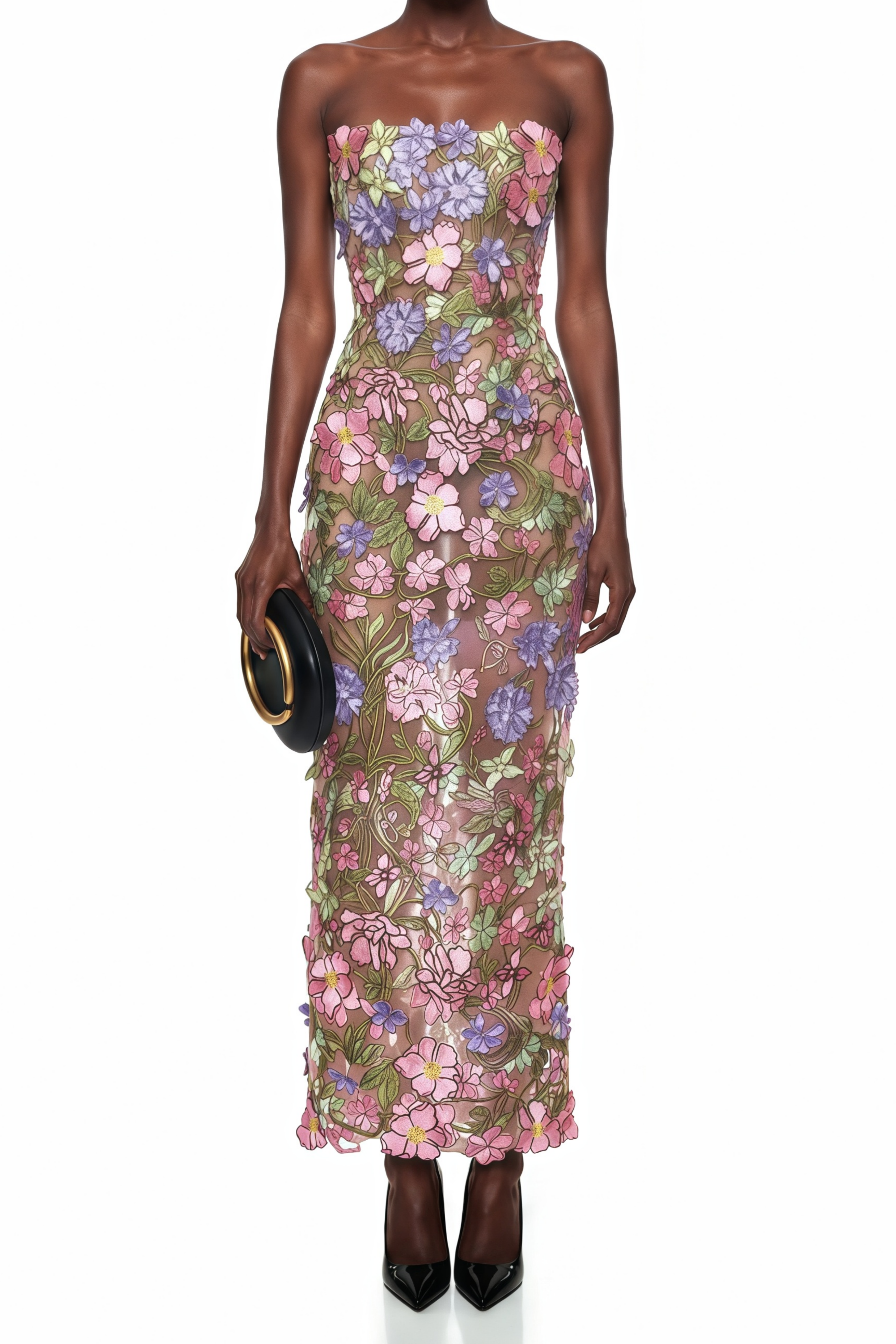 Elegant Strapless Sheer Overlay Midi Gown with Colorful 3D Applique Flowers