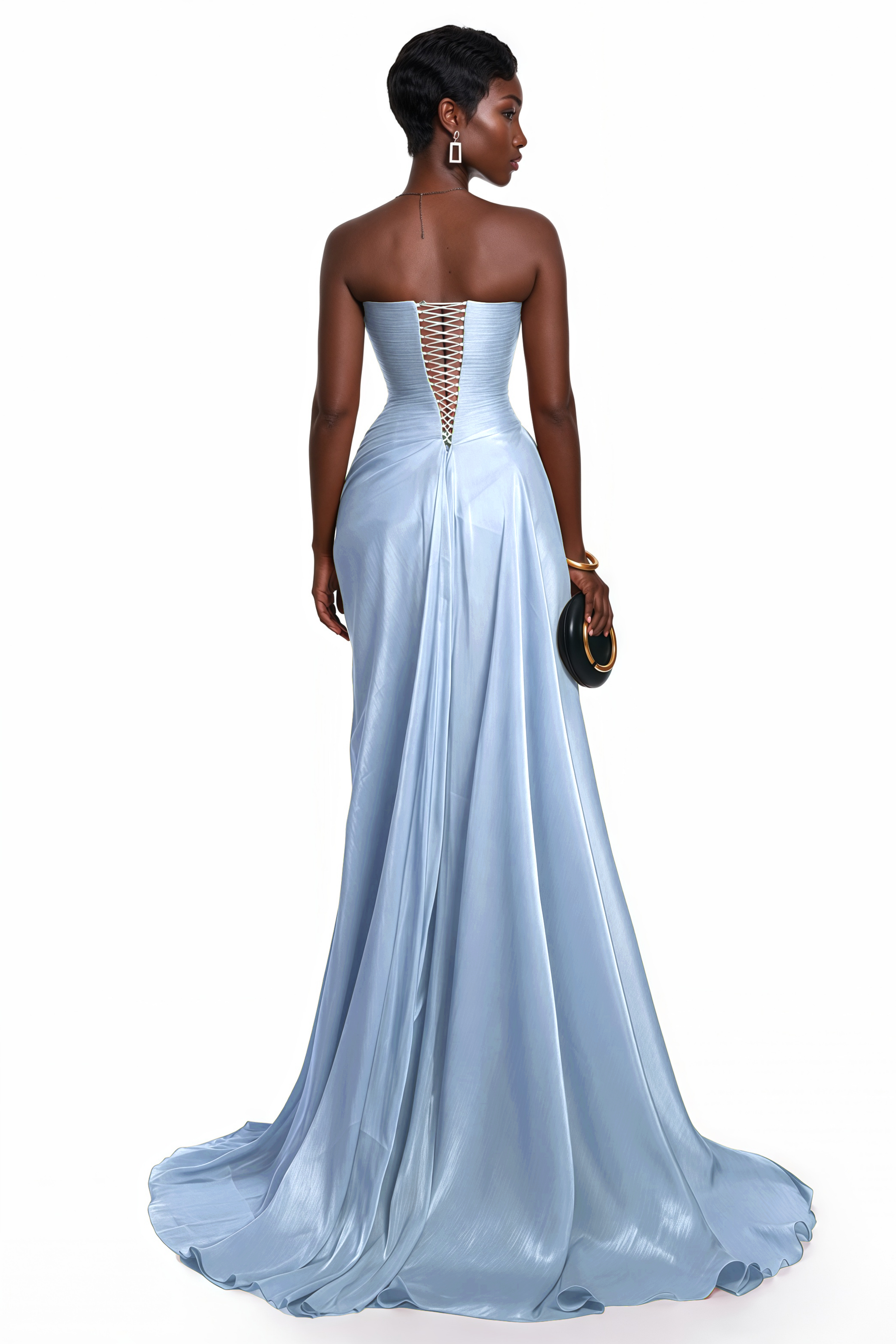 Light blue strapless gown featuring a finely pleated corset bodice and an asymmetric draped high-slit skirt