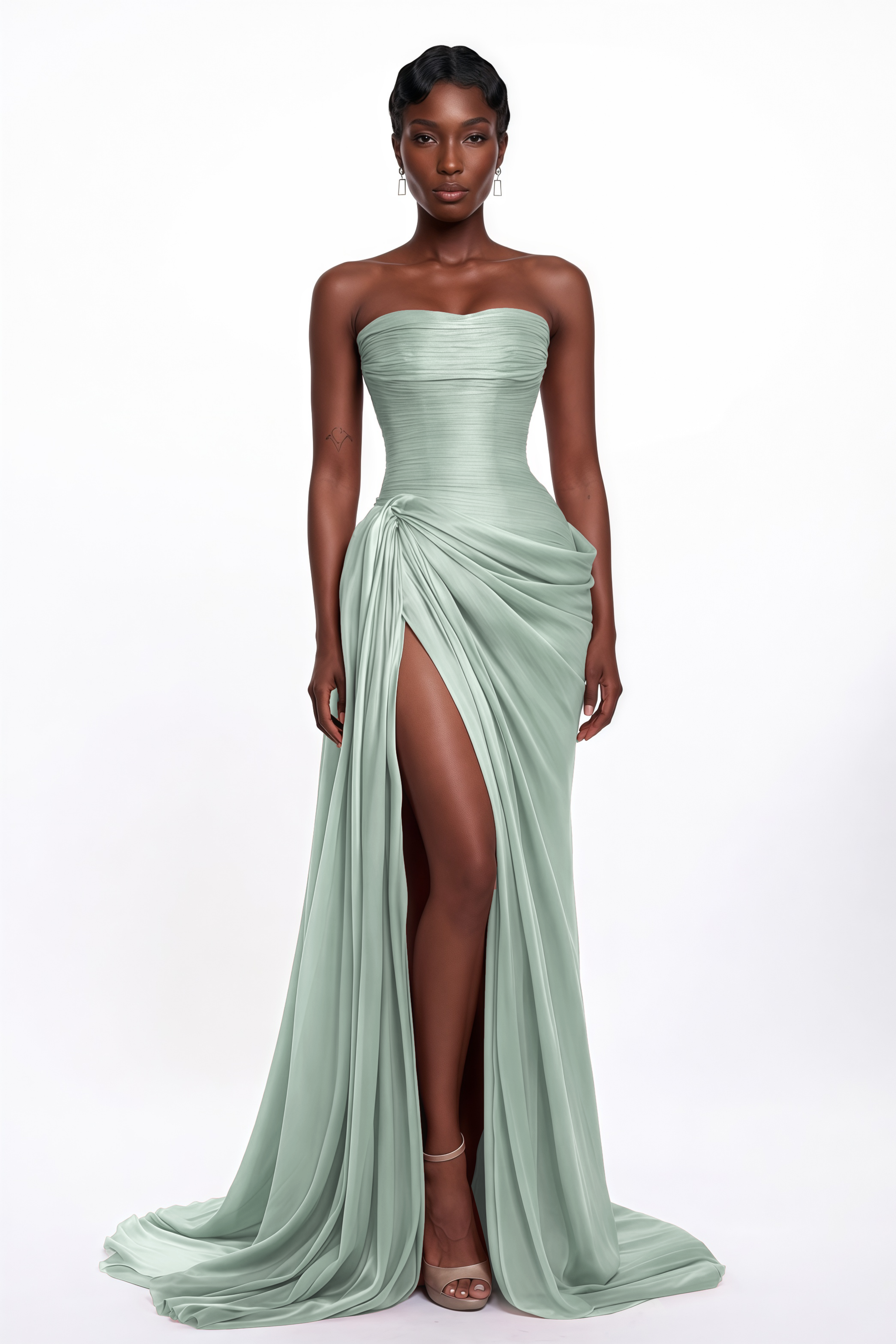 Querubina Green Asymmetrical Ruched Maxi Dress