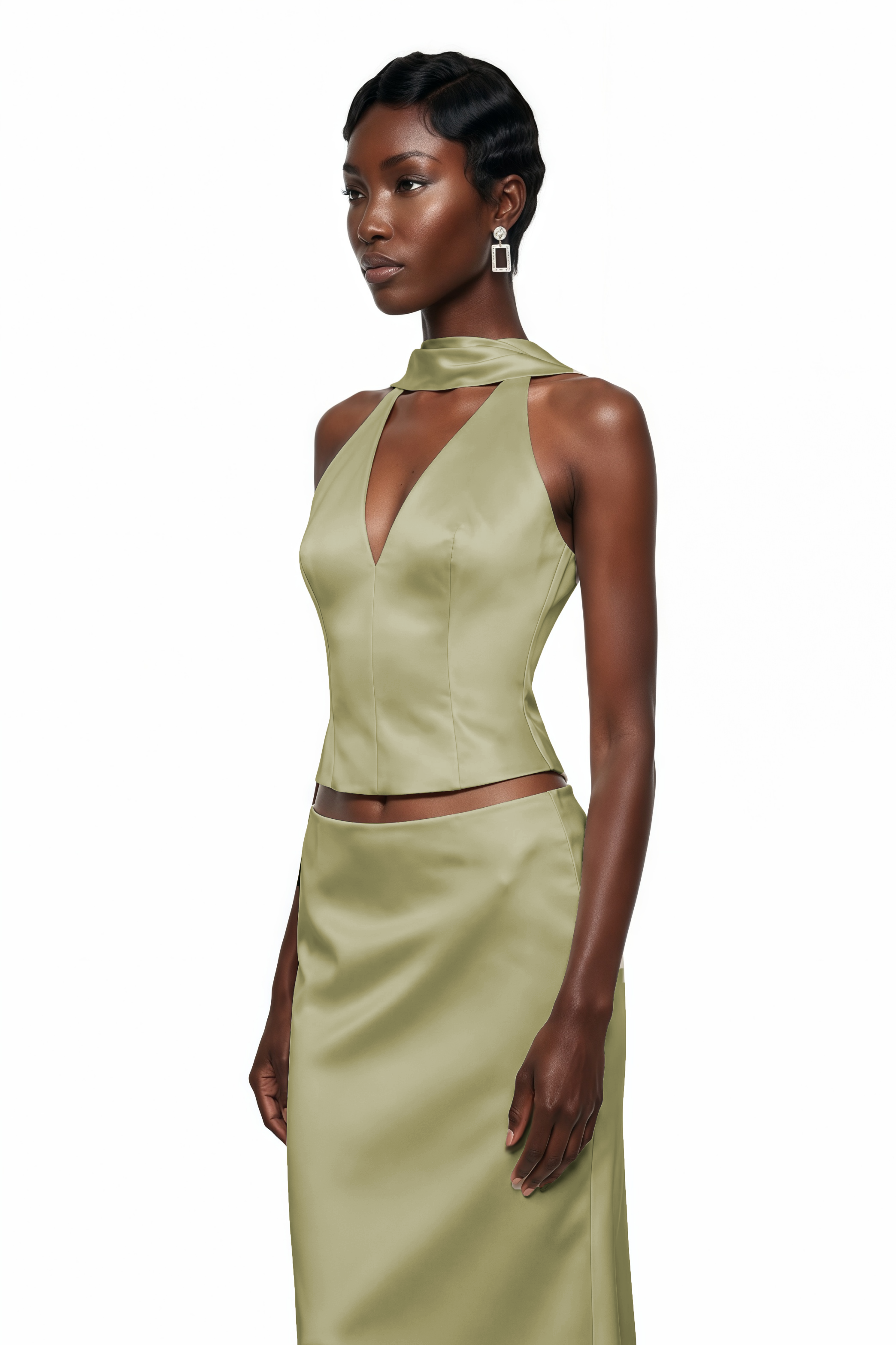 Querubina Green Plunge Neck Satin Top & Skirt Set