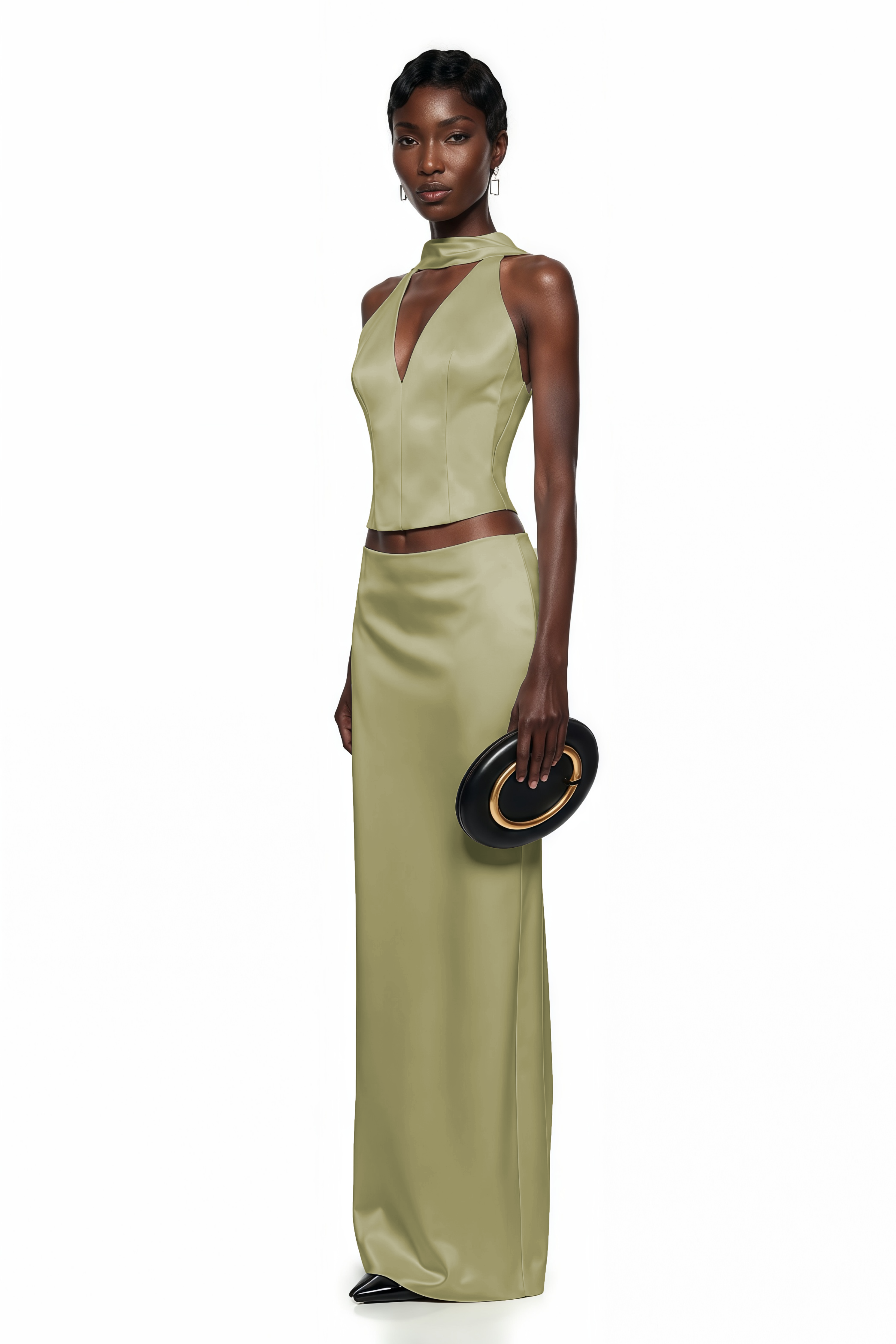 Querubina Green Plunge Neck Satin Top & Skirt Set