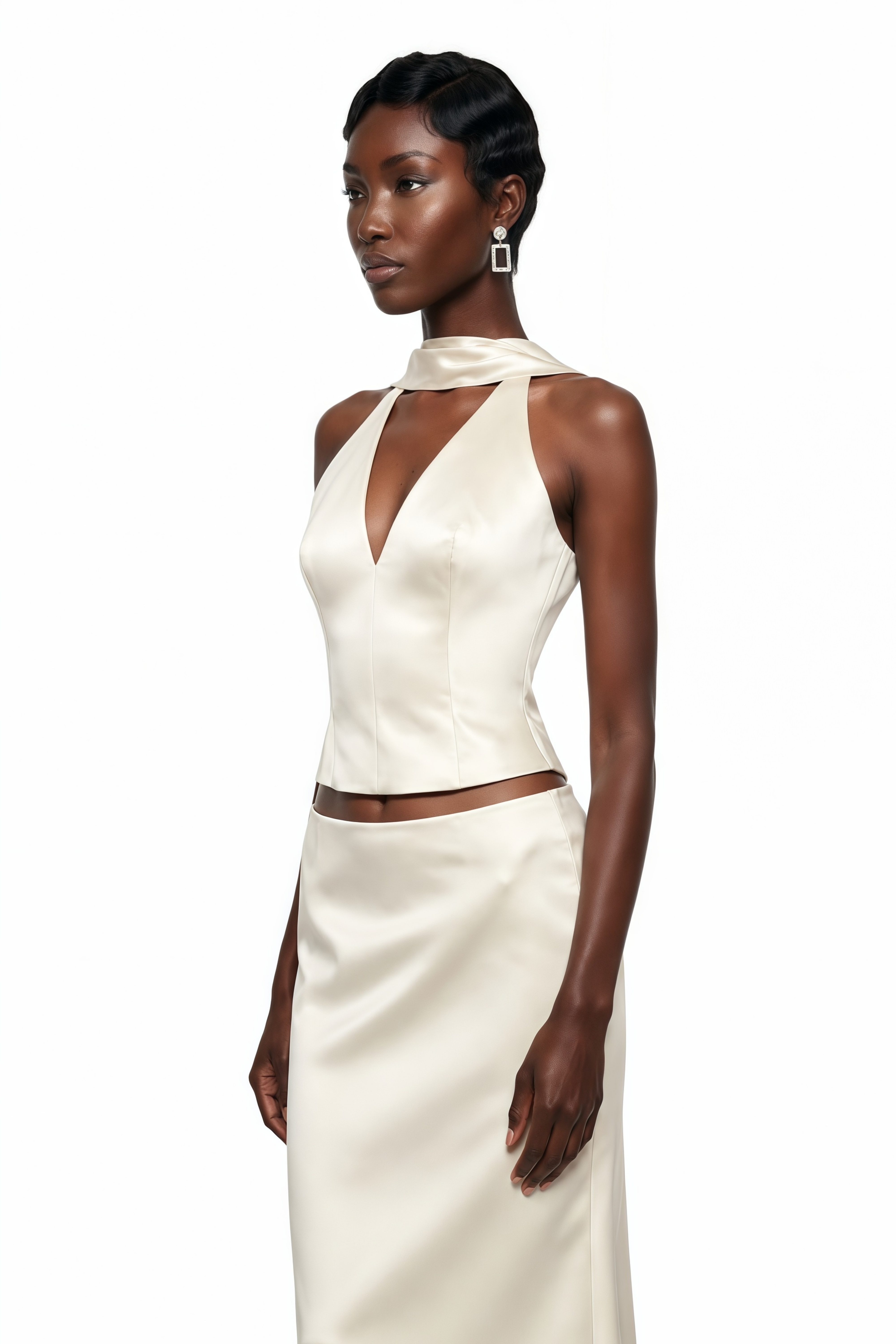 Querubina Ivory Plunge Neck Satin Top & Skirt Set