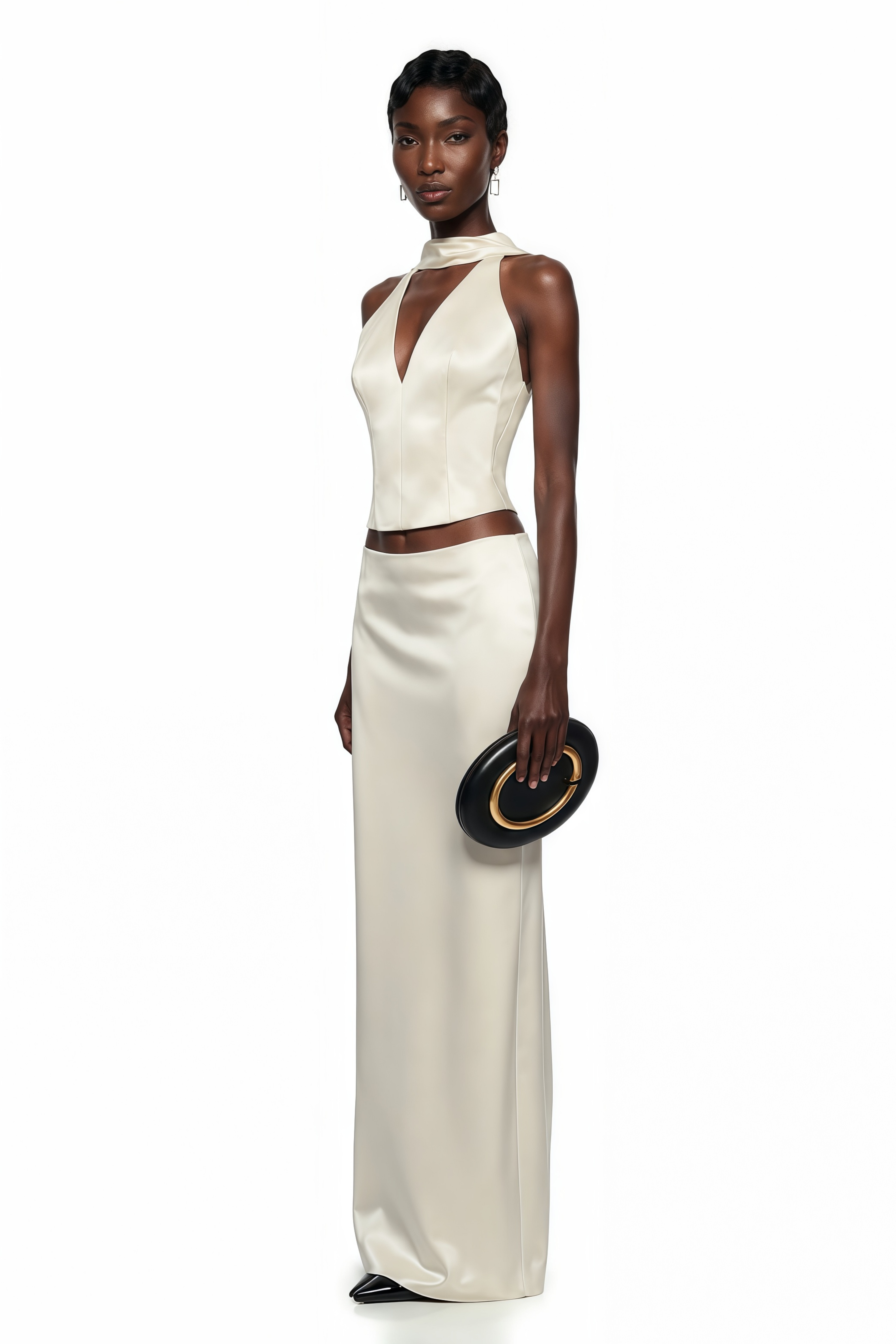 Querubina Ivory Plunge Neck Satin Top & Skirt Set