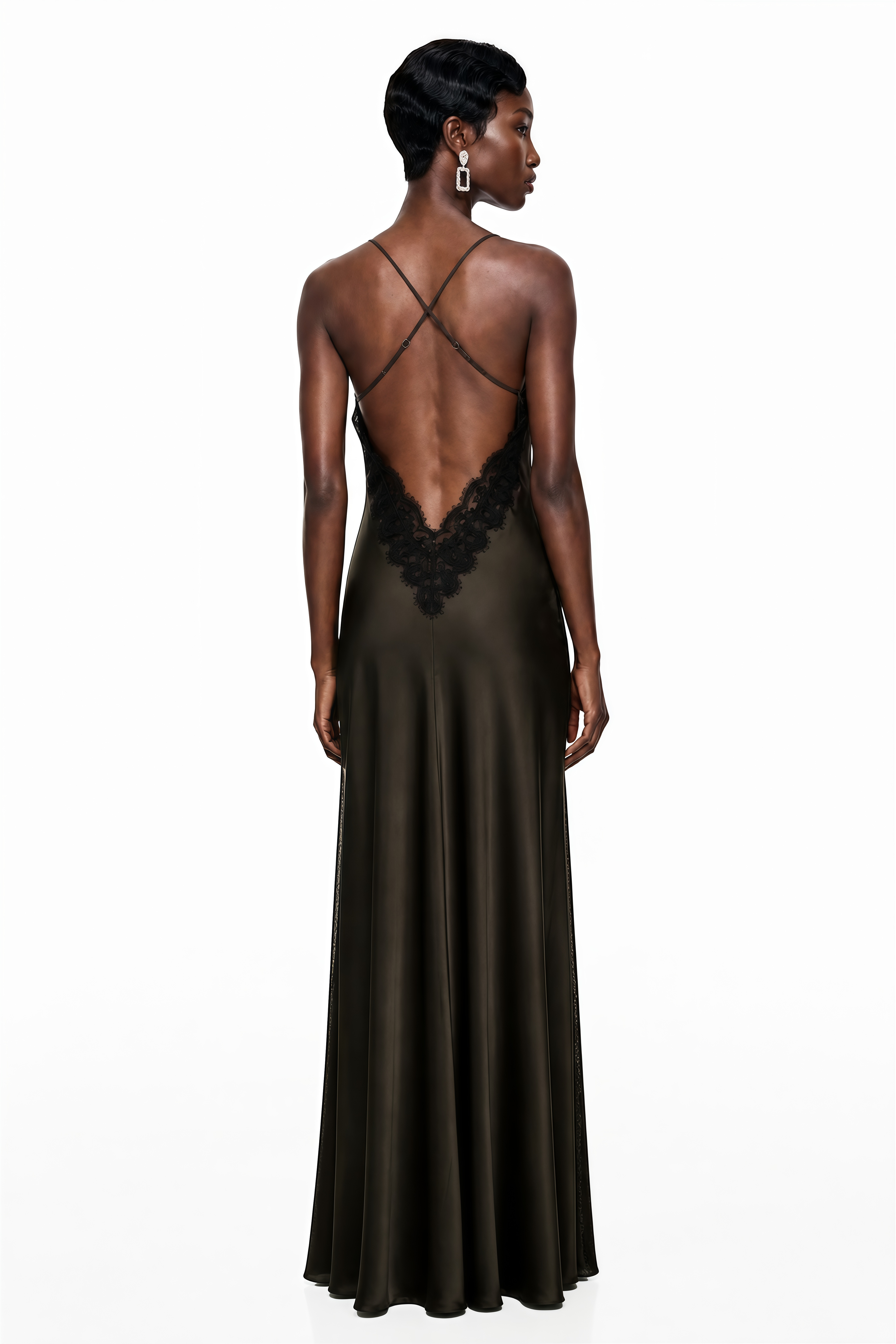 Querubina Olive Backless Lace Trim Satin Maxi Dress