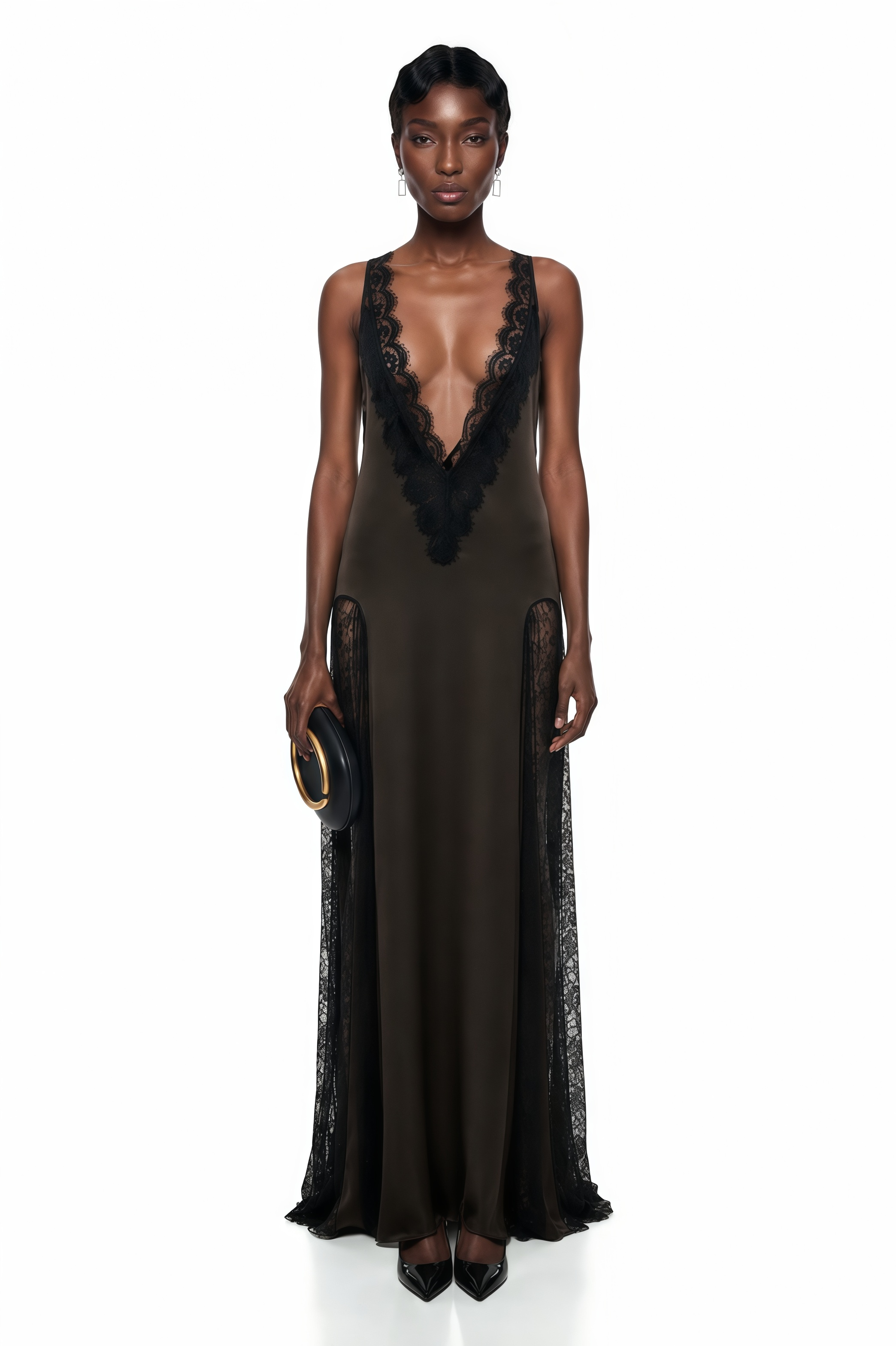 Querubina Olive Backless Lace Trim Satin Maxi Dress