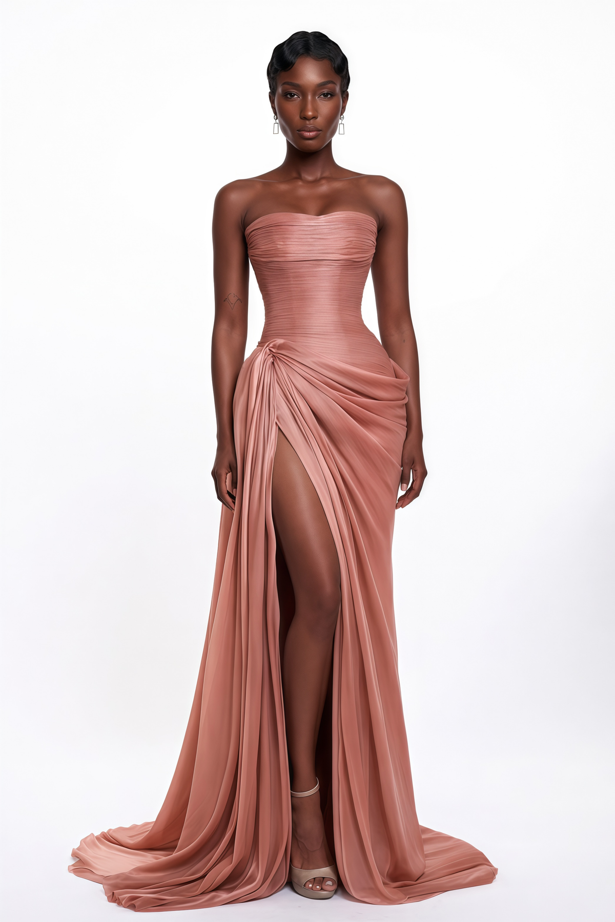 Querubina Pink Asymmetrical Ruched Maxi Dress, S / Pink