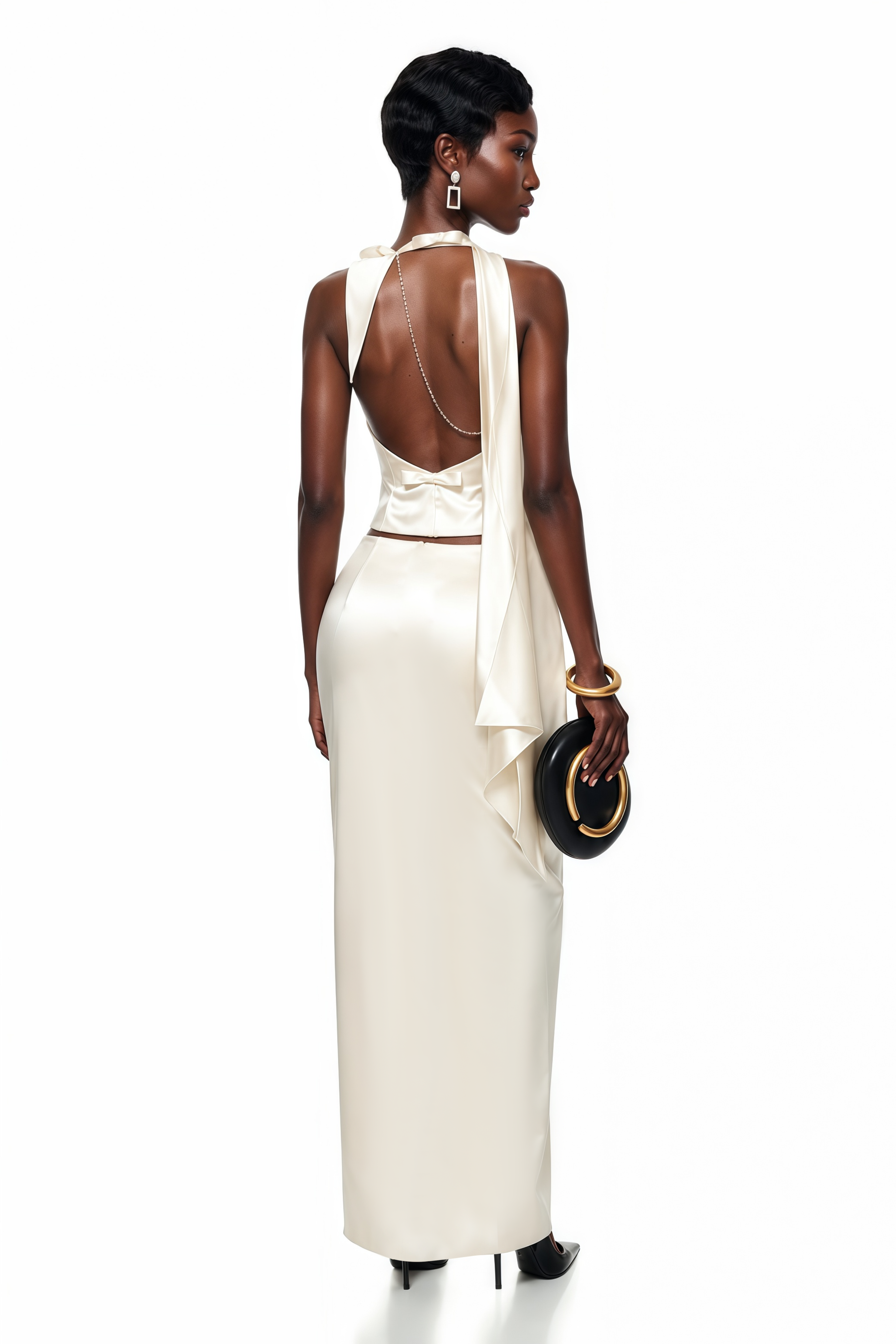 Querubina Ivory Plunge Neck Satin Top & Skirt Set