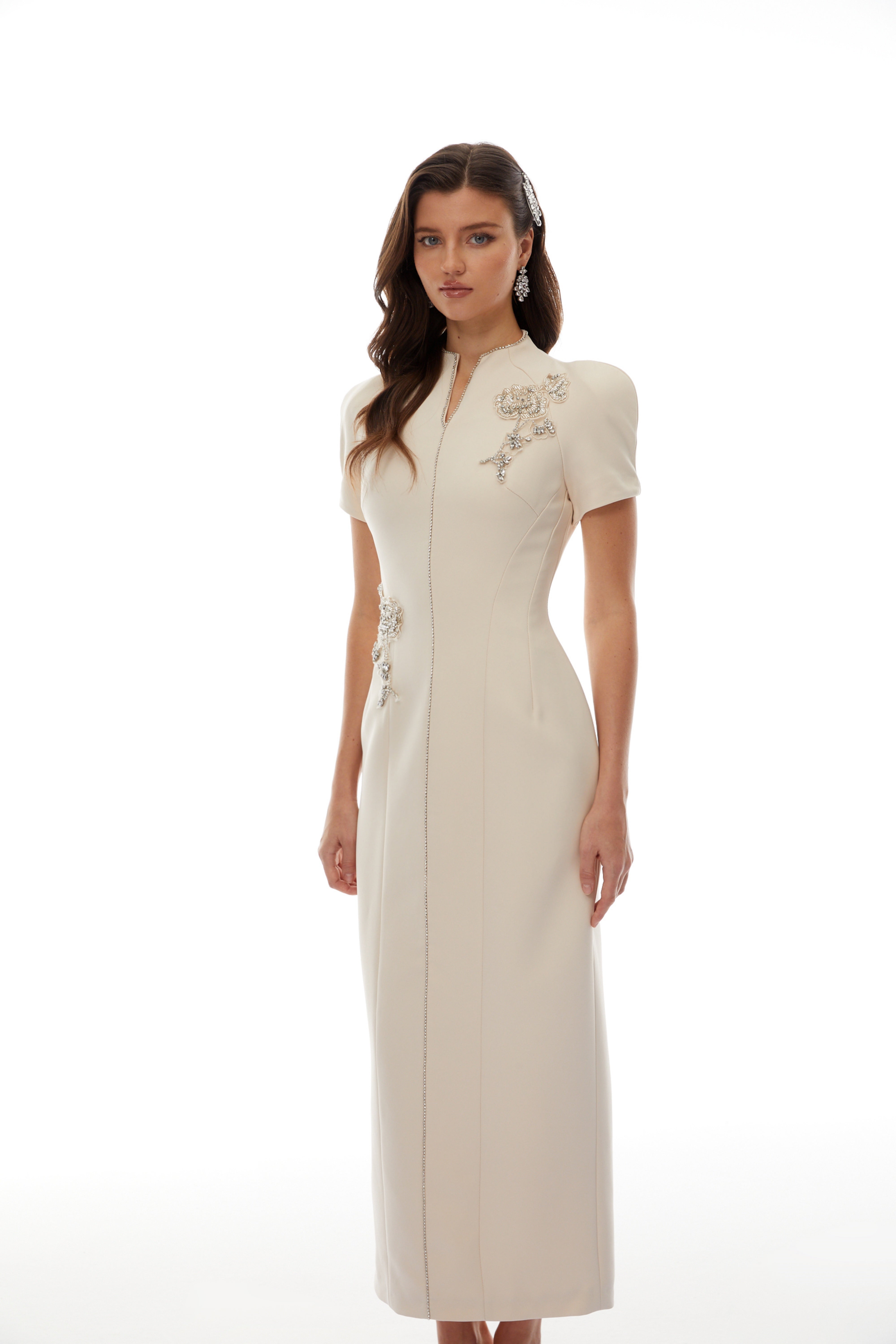 Quintella Neutral Floral Crystal Midi Dress