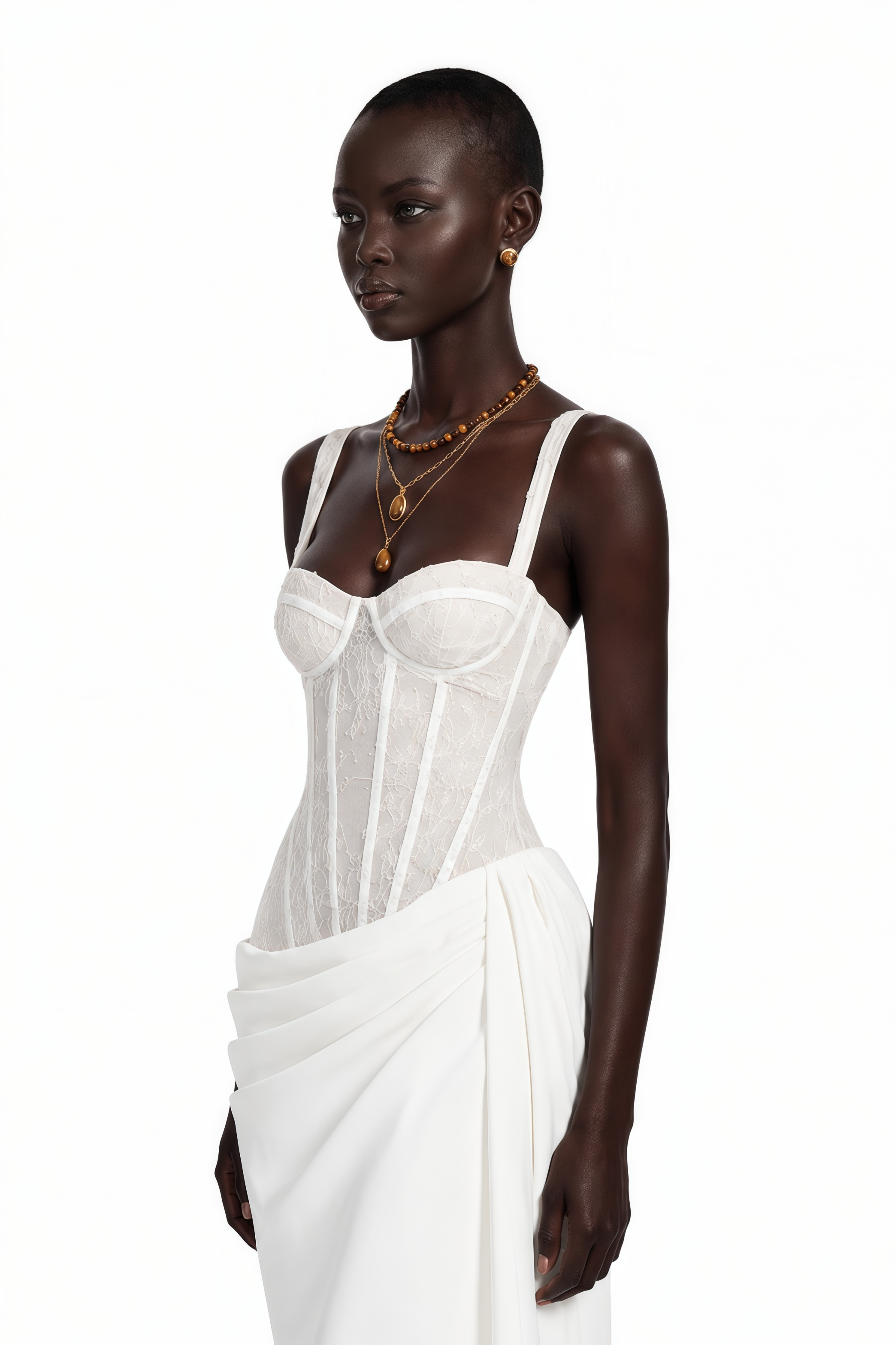 Quintina White Ruched Maxi Dress with Lace Panels