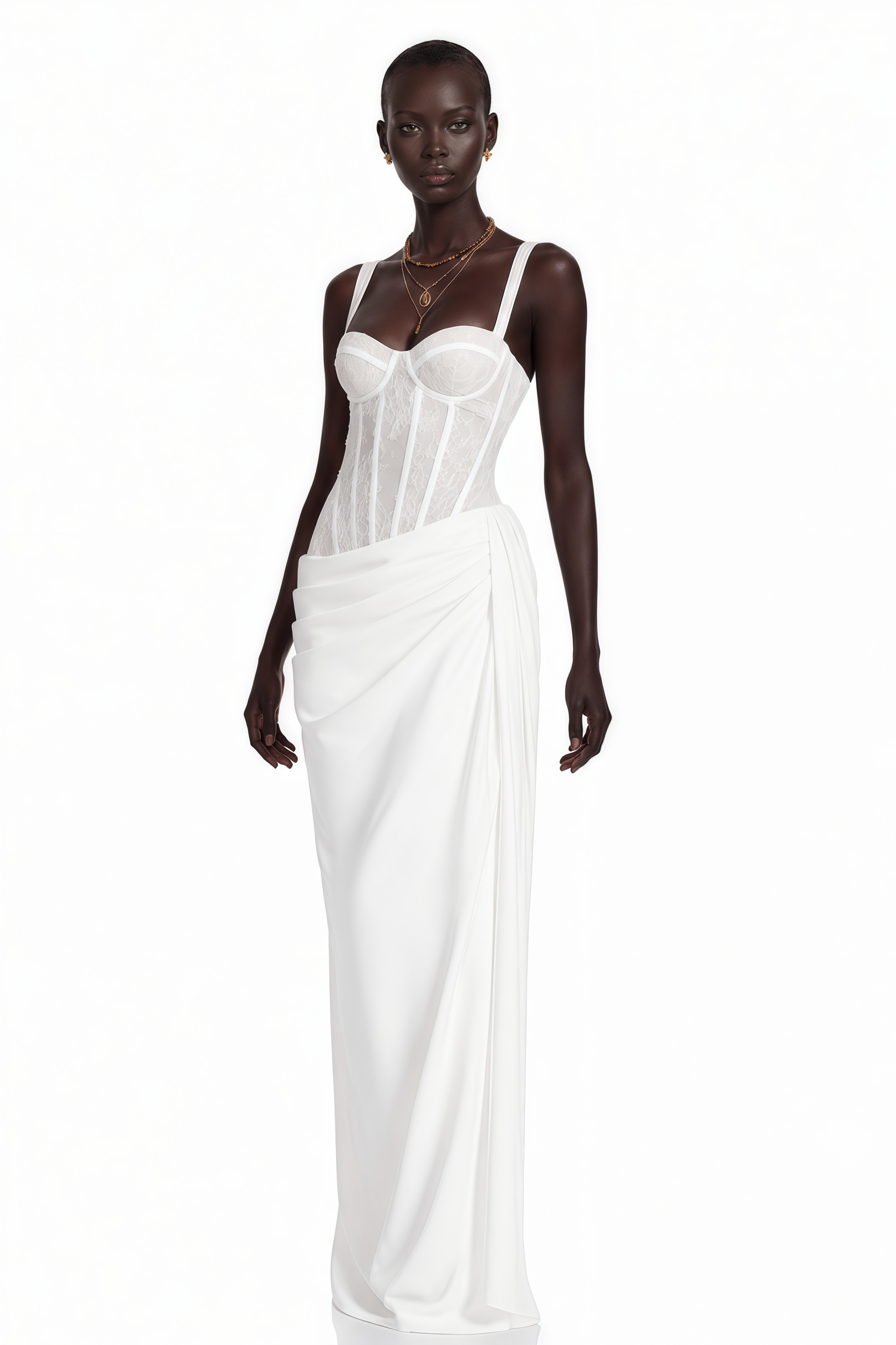 Quintina White Ruched Maxi Dress with Lace Panels