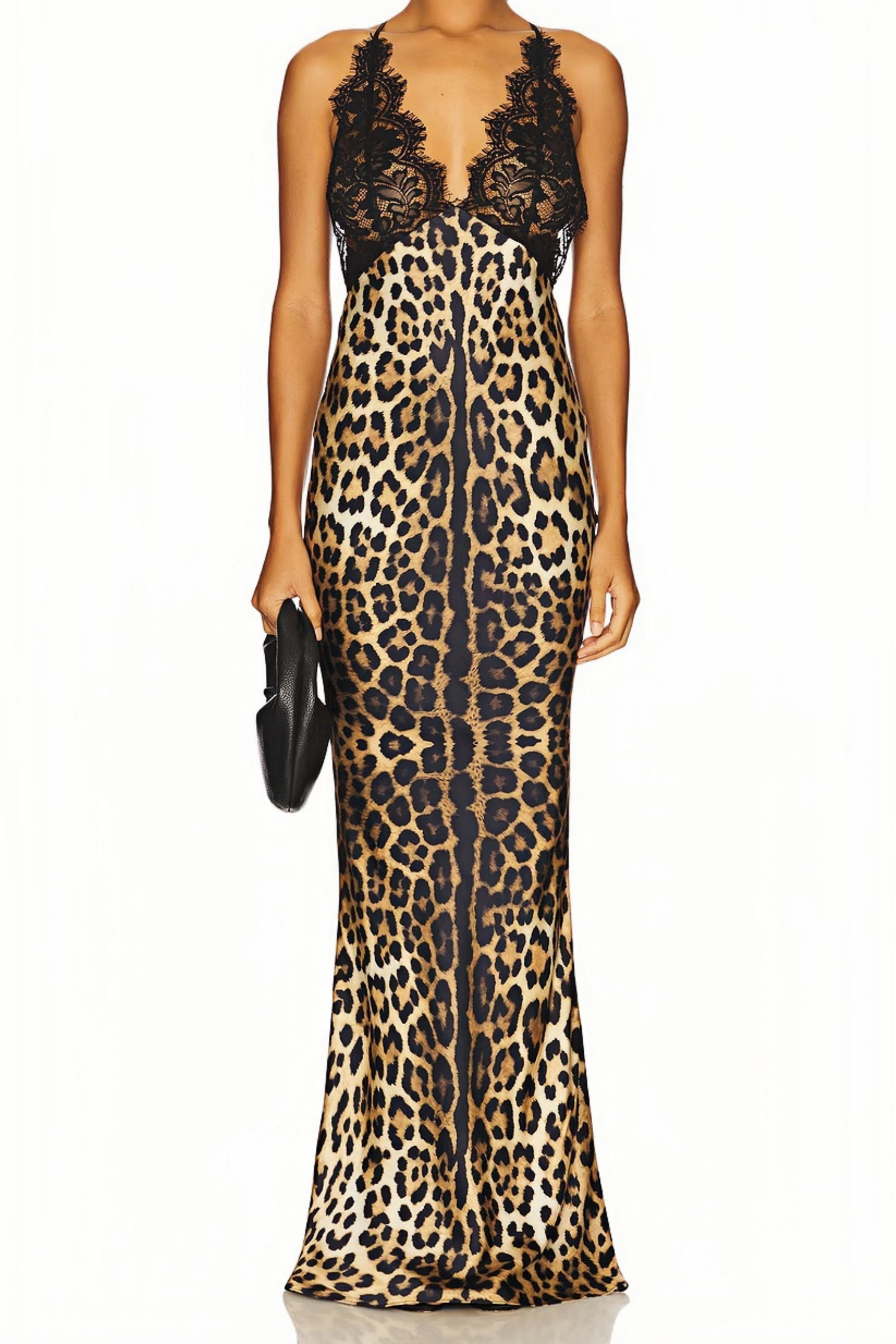 Marta Brown Lace Panel Leopard Satin Maxi Dress