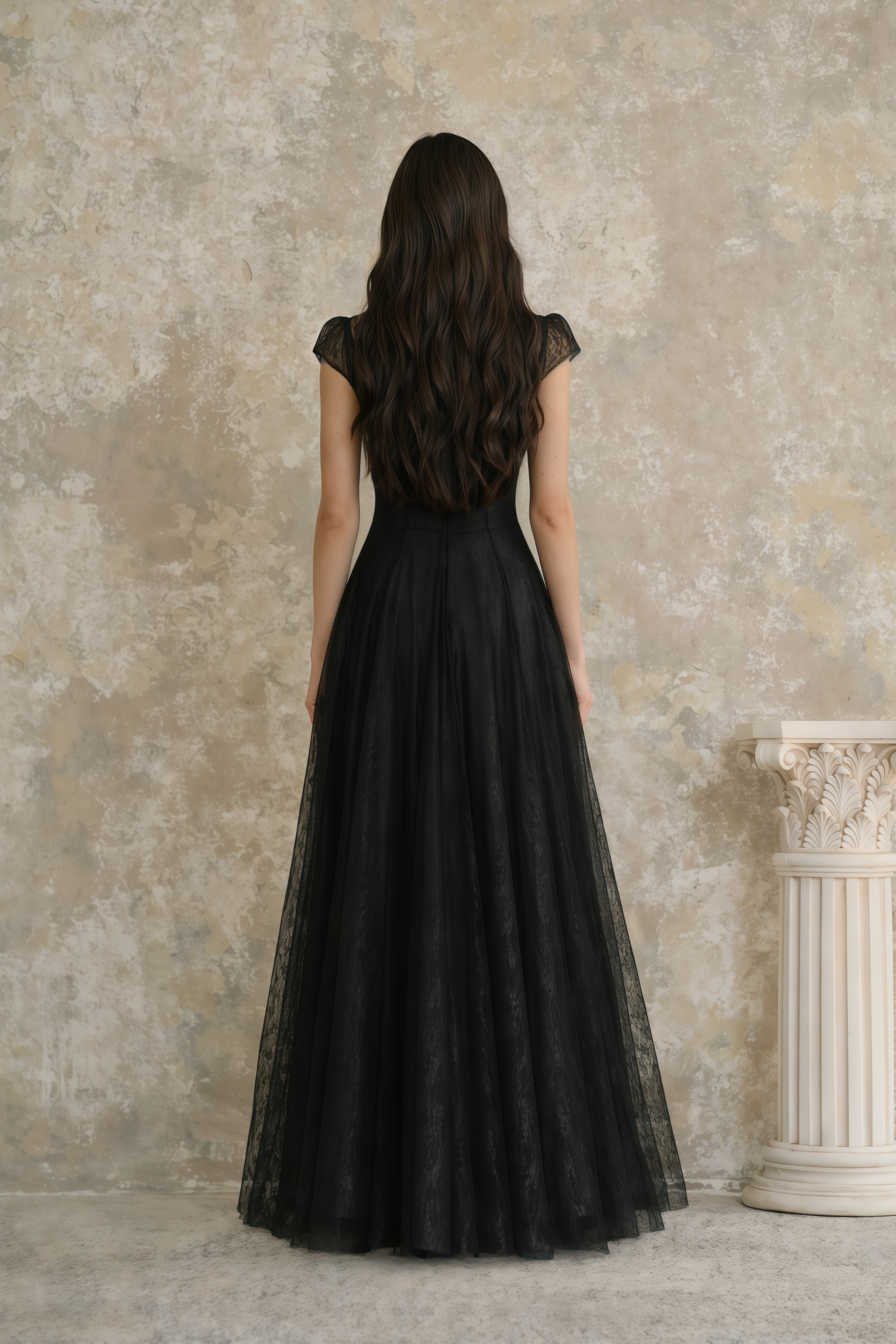 Radiya Black Floral Lace Pleated Maxi Dress